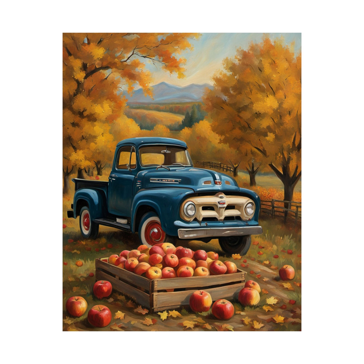 Rustic Autumn Poster featuring a blue truck surrounded by orange trees and a crate of apples