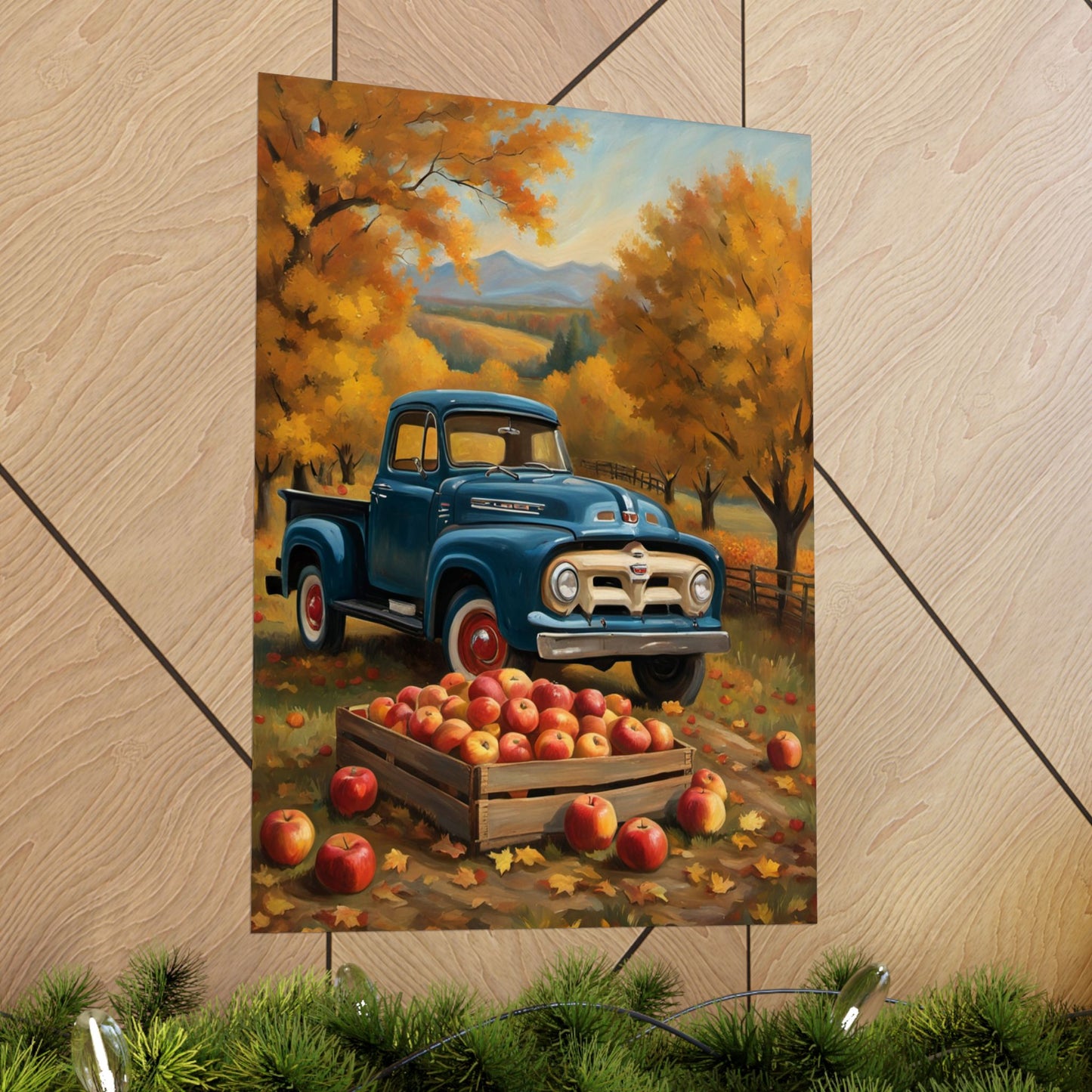 Rustic Autumn Poster featuring a blue vintage truck in an apple orchard with vibrant fall foliage