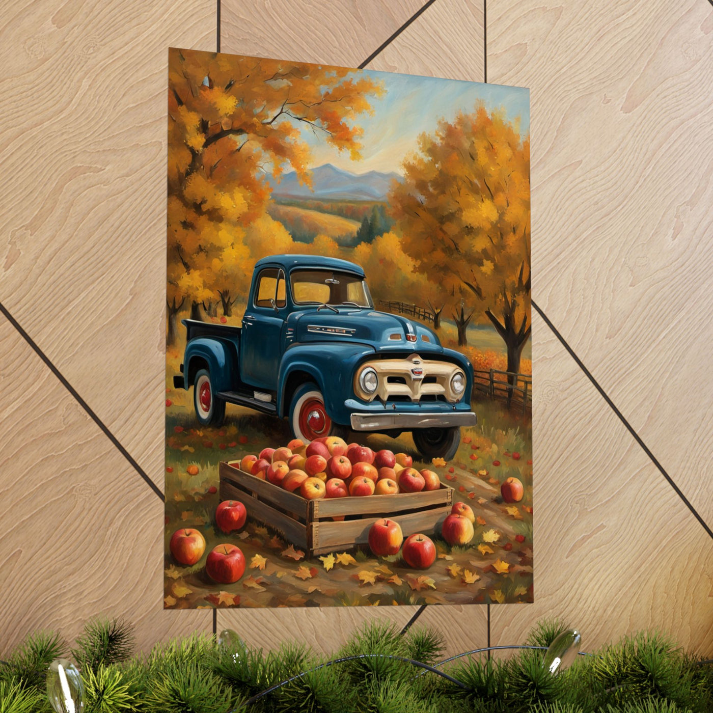 Rustic Autumn Poster featuring a blue vintage truck in an apple orchard with vibrant fall foliage