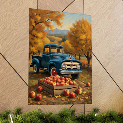Rustic Autumn Poster featuring a blue vintage truck in an apple orchard with vibrant fall foliage