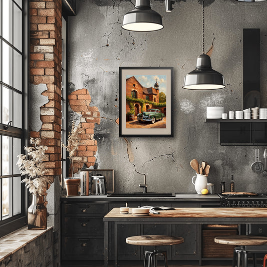 Rustic kitchen featuring rustic brick wine cellar artwork by AquilVision on a textured cracked wall