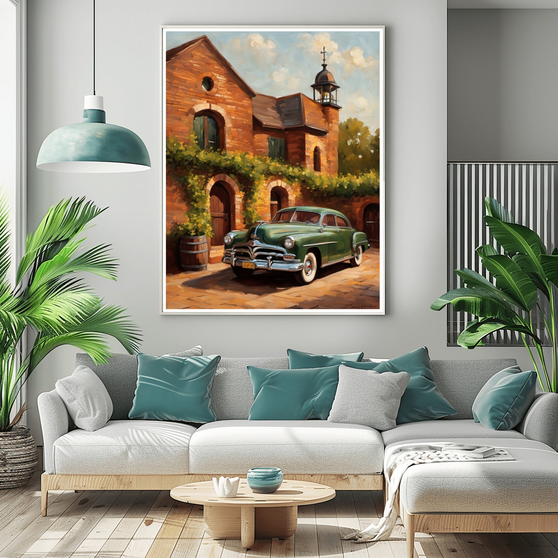Rustic brick wine cellar artwork featuring a vintage car and ivy, displayed in a modern living room