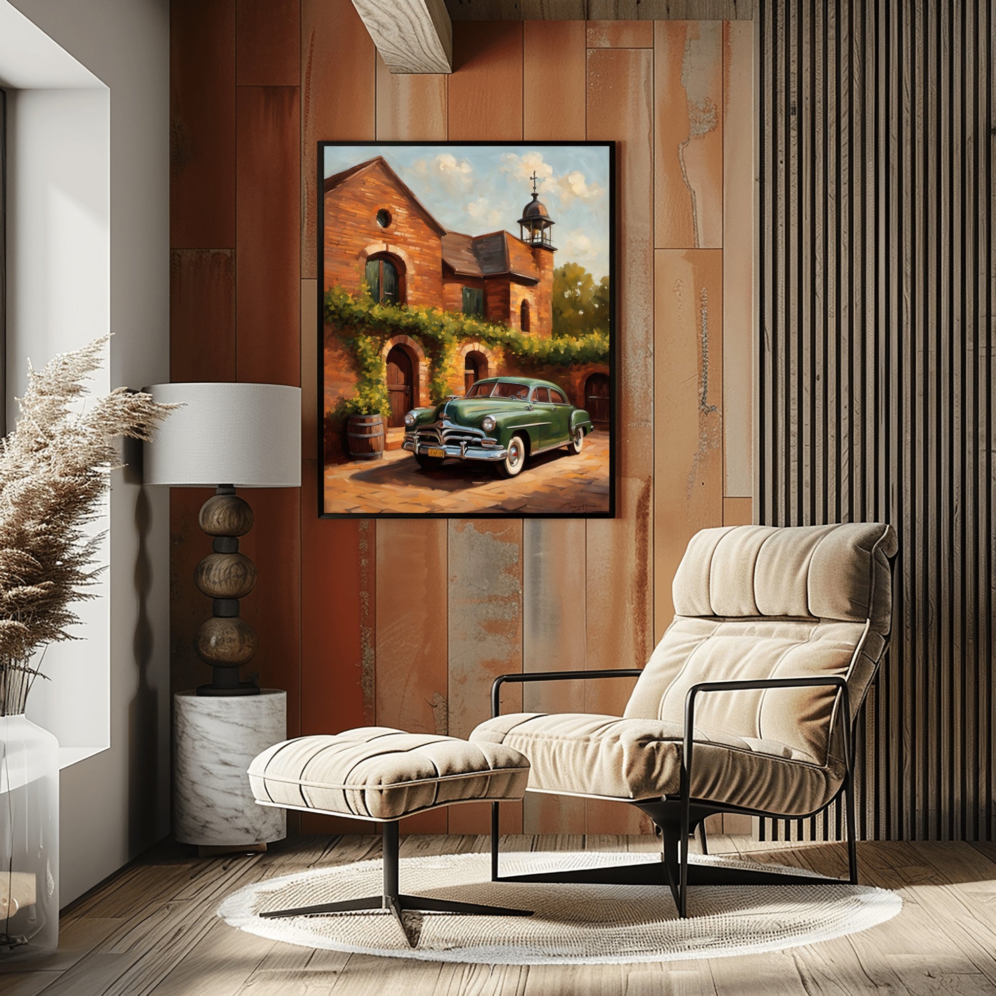 Rustic brick wine cellar artwork by AquilVision hanging on living room wall above modern beige lounge chair