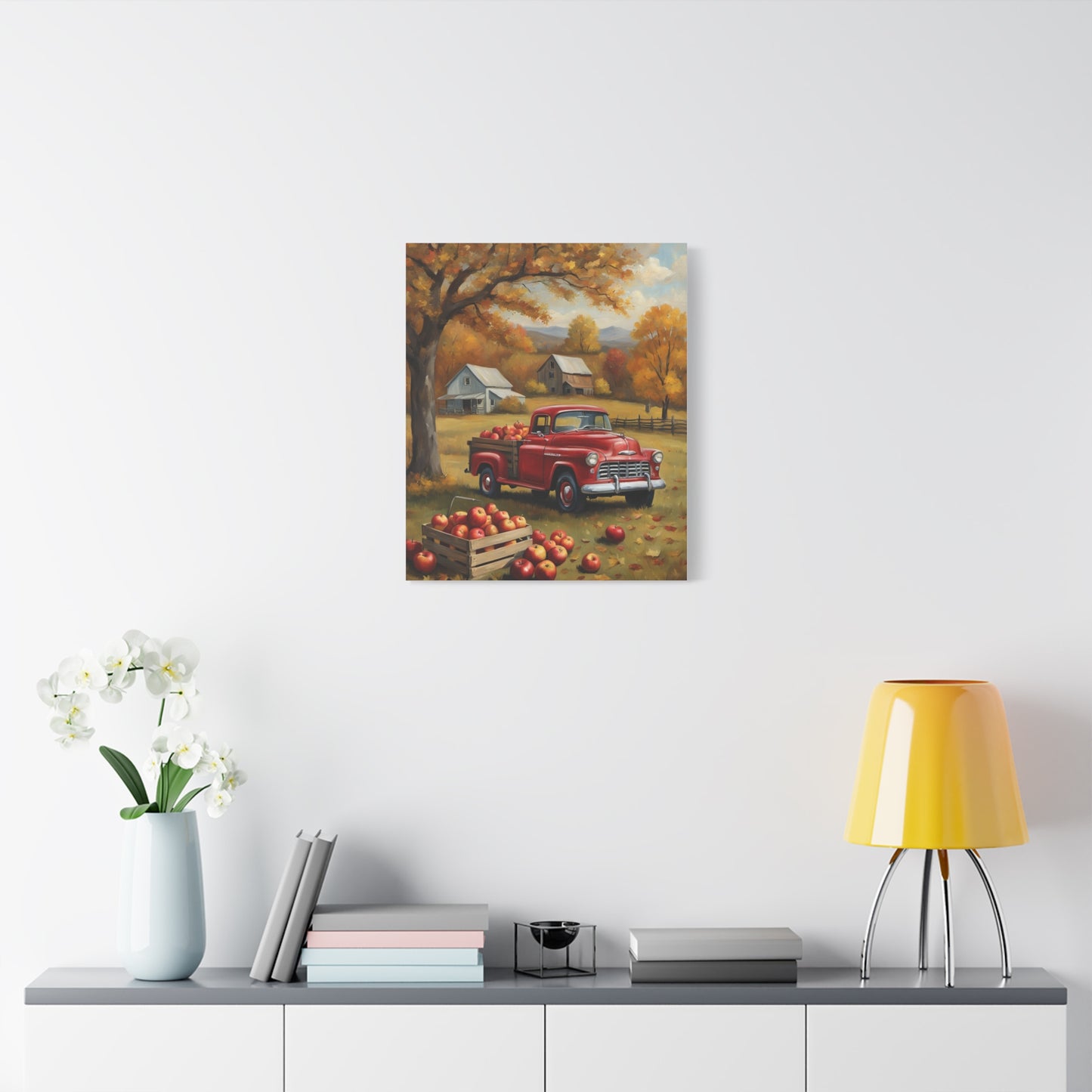 Rustic Farmhouse Art featuring a vintage red truck parked near an apple orchard in autumn