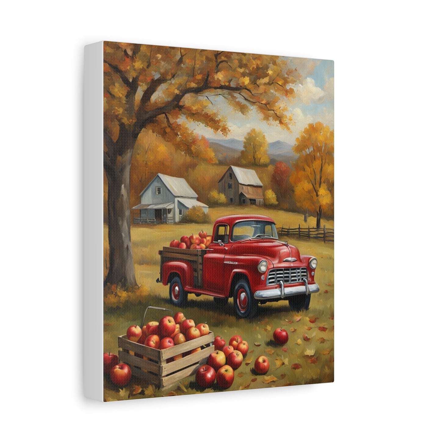 Rustic Farmhouse Art featuring a red truck and apple harvest in a picturesque autumn setting
