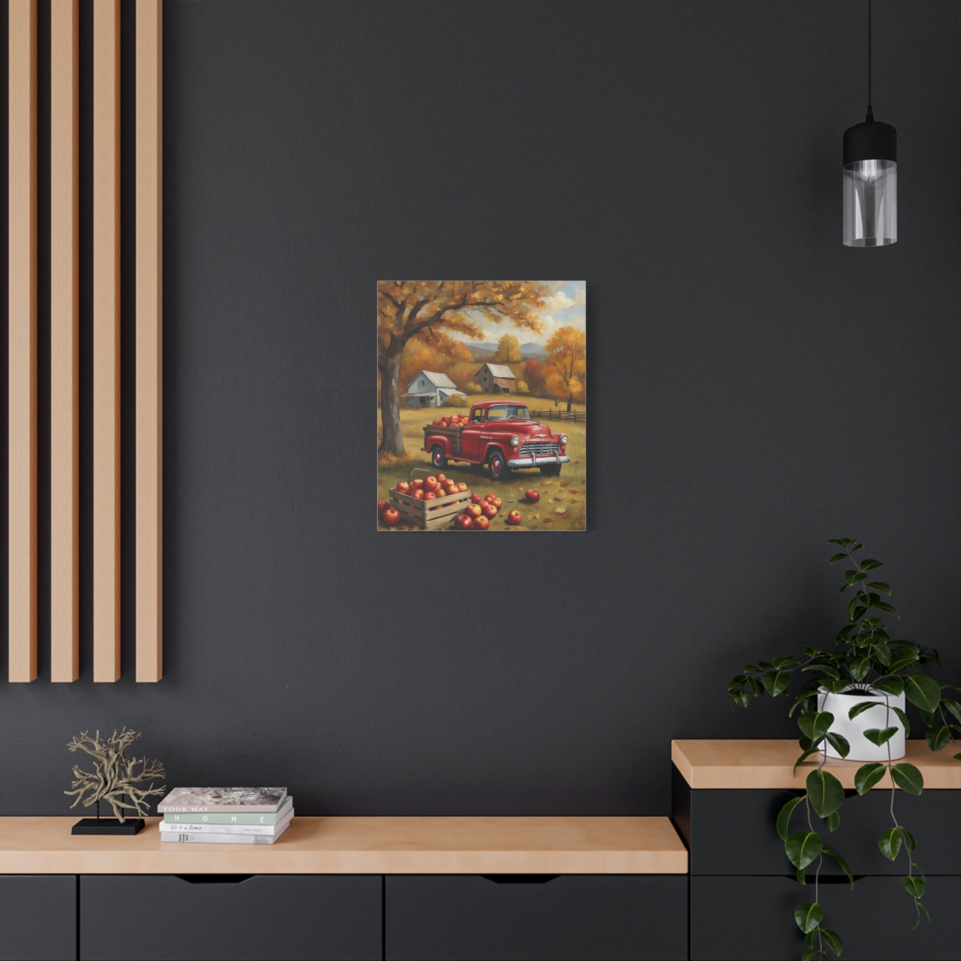 Rustic Farmhouse Art featuring a vintage truck and apple crates in a cozy autumn setting