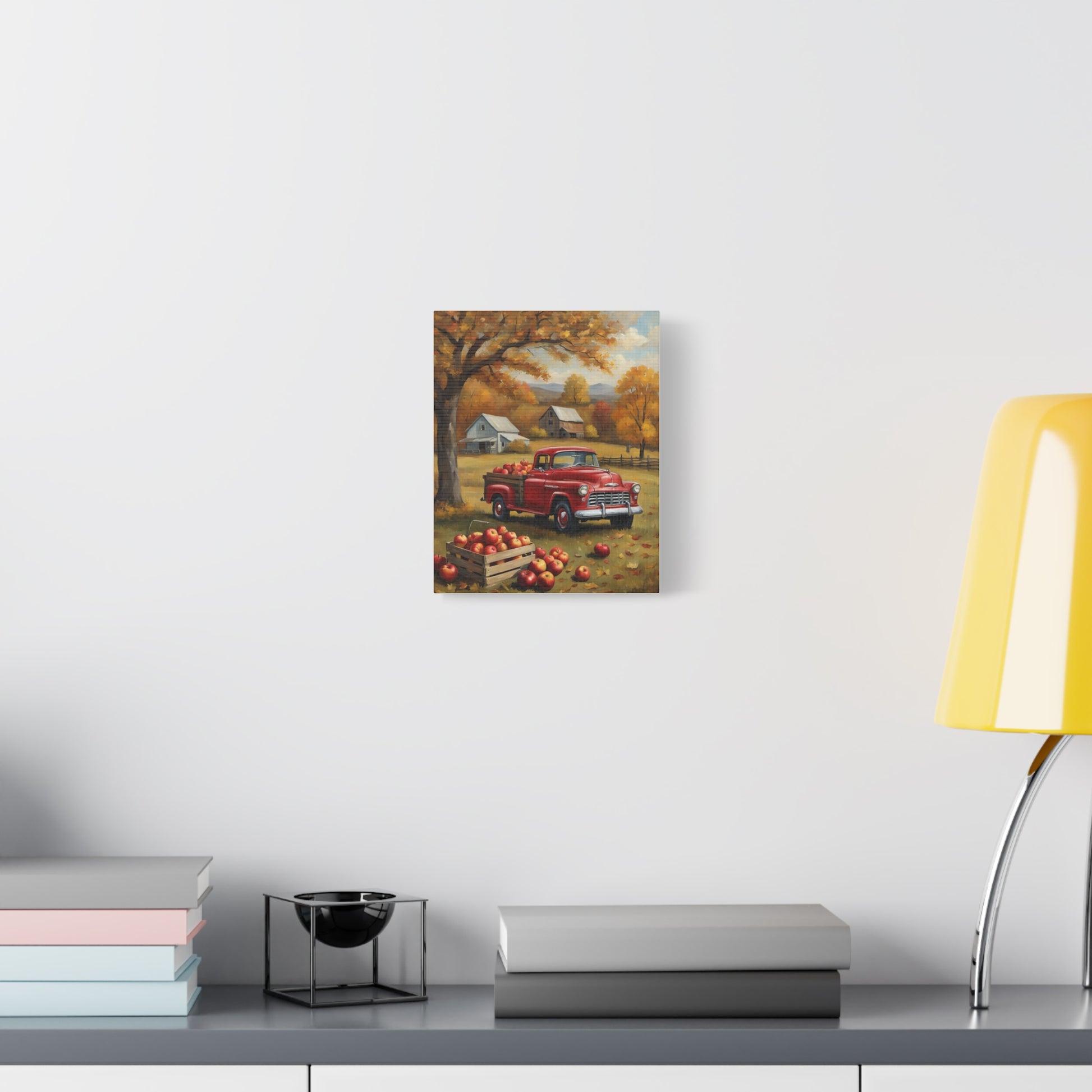 Rustic Farmhouse Art featuring a red truck in autumn with a serene farmhouse backdrop