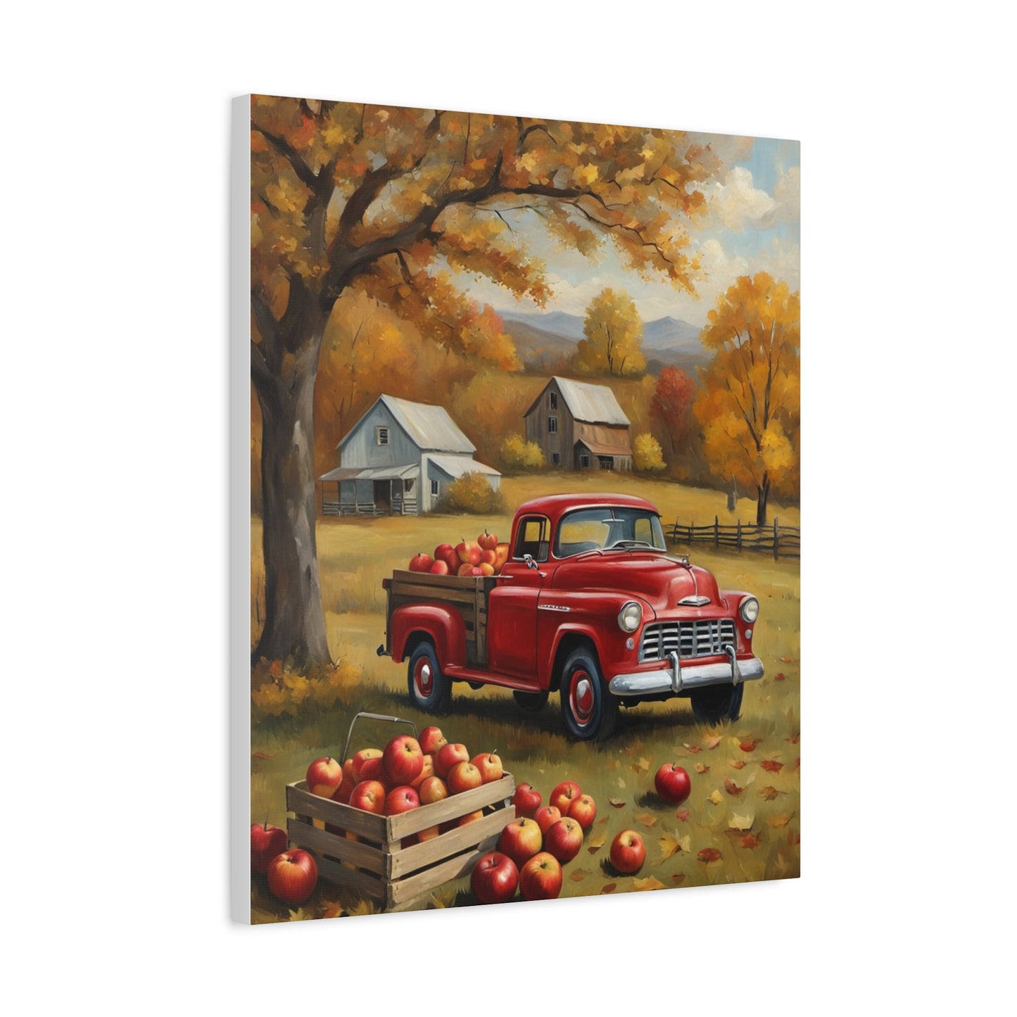 Rustic Farmhouse Art featuring a red vintage truck in an autumn apple orchard