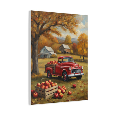 Rustic Farmhouse Art depicting a red vintage truck in an autumn apple orchard scene