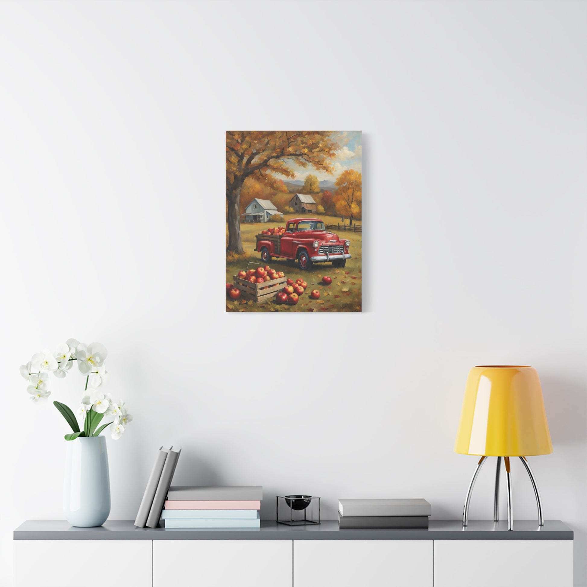 Rustic Farmhouse Art featuring a vintage red truck under autumn trees with a cozy home backdrop