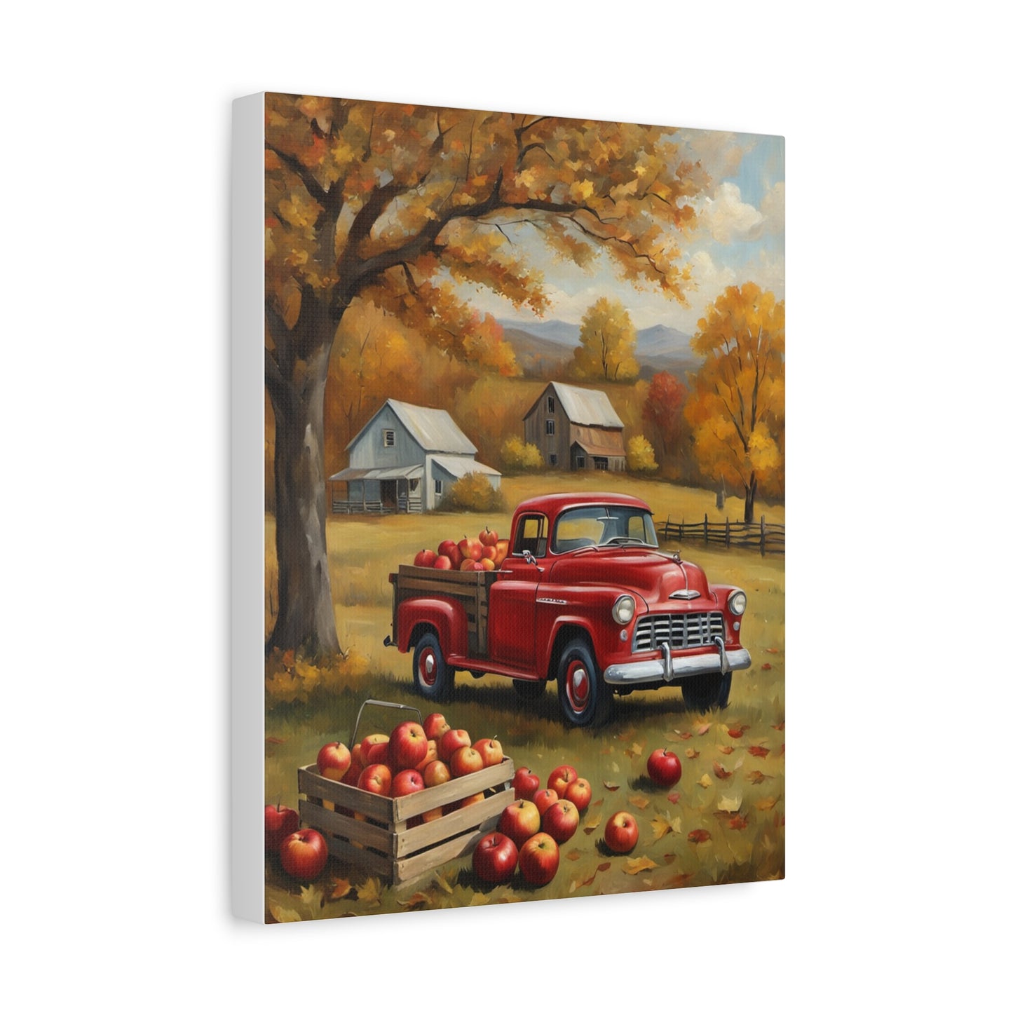Rustic Farmhouse Art featuring a red vintage truck surrounded by autumn scenery and apple harvest