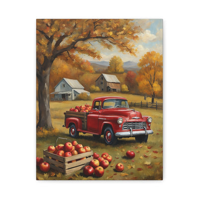 Rustic Farmhouse Art featuring a red vintage truck in an autumn orchard with apples and country houses