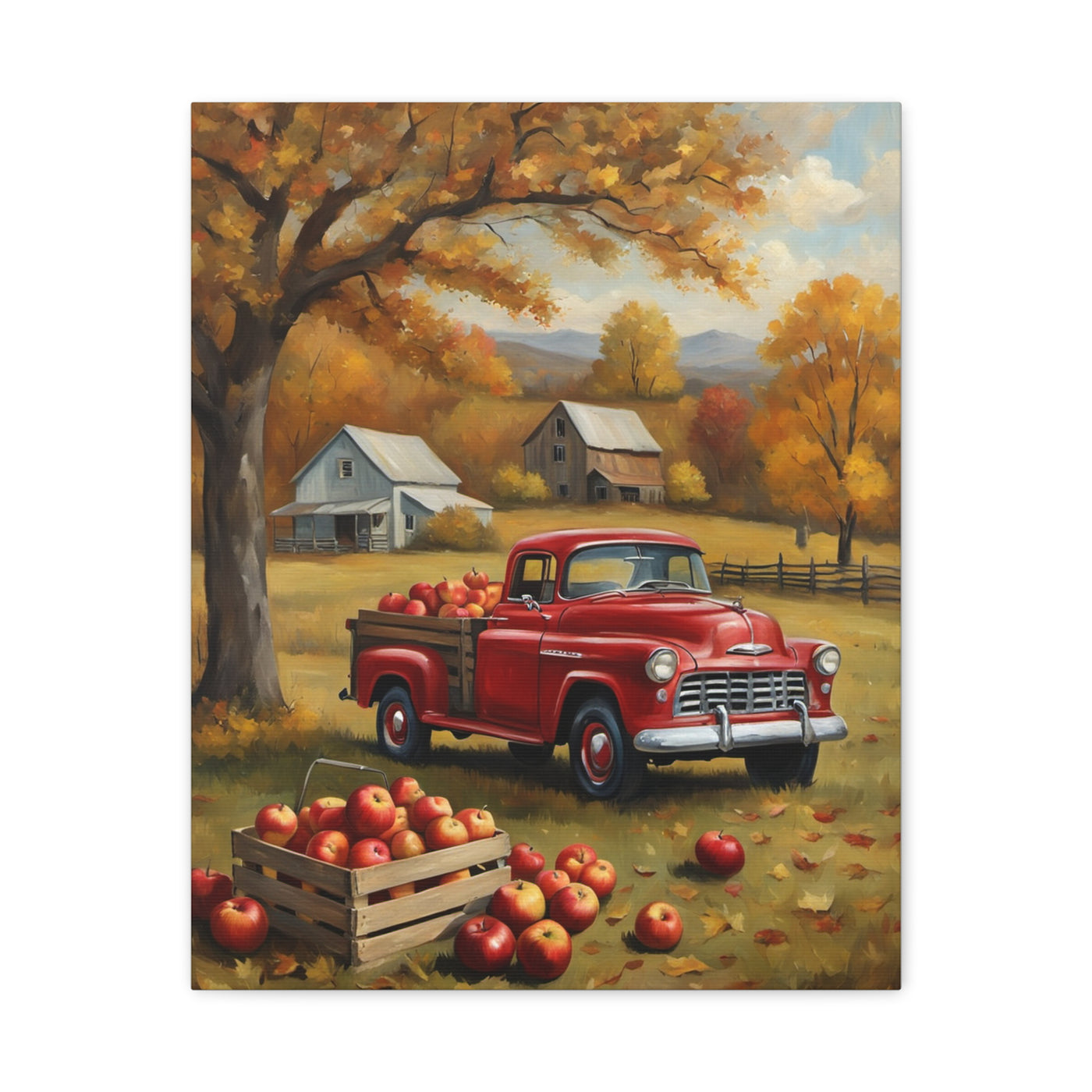 Rustic Farmhouse Art featuring a red truck with apples in a picturesque autumn landscape