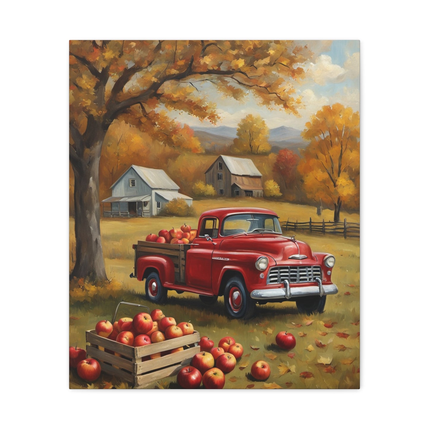 Rustic Farmhouse Art featuring a red vintage truck in an autumn apple orchard scene