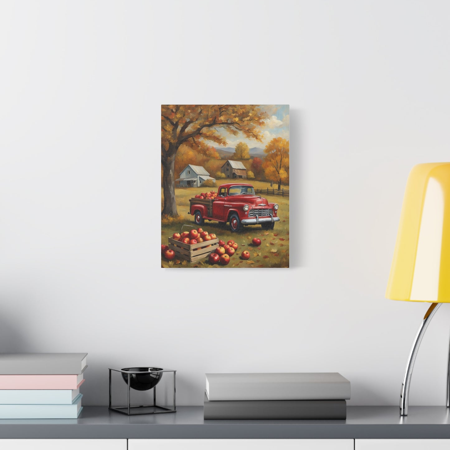 Rustic Farmhouse Art featuring a vintage red truck in an autumn apple orchard