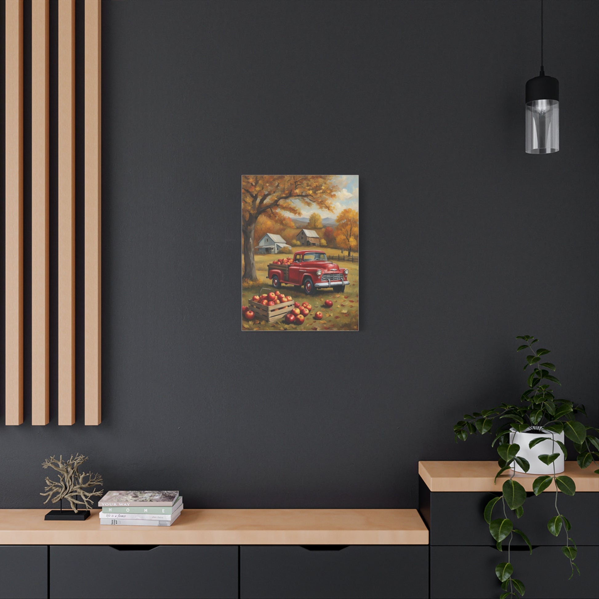 Rustic Farmhouse Art featuring a red vintage truck in an autumn setting with a house