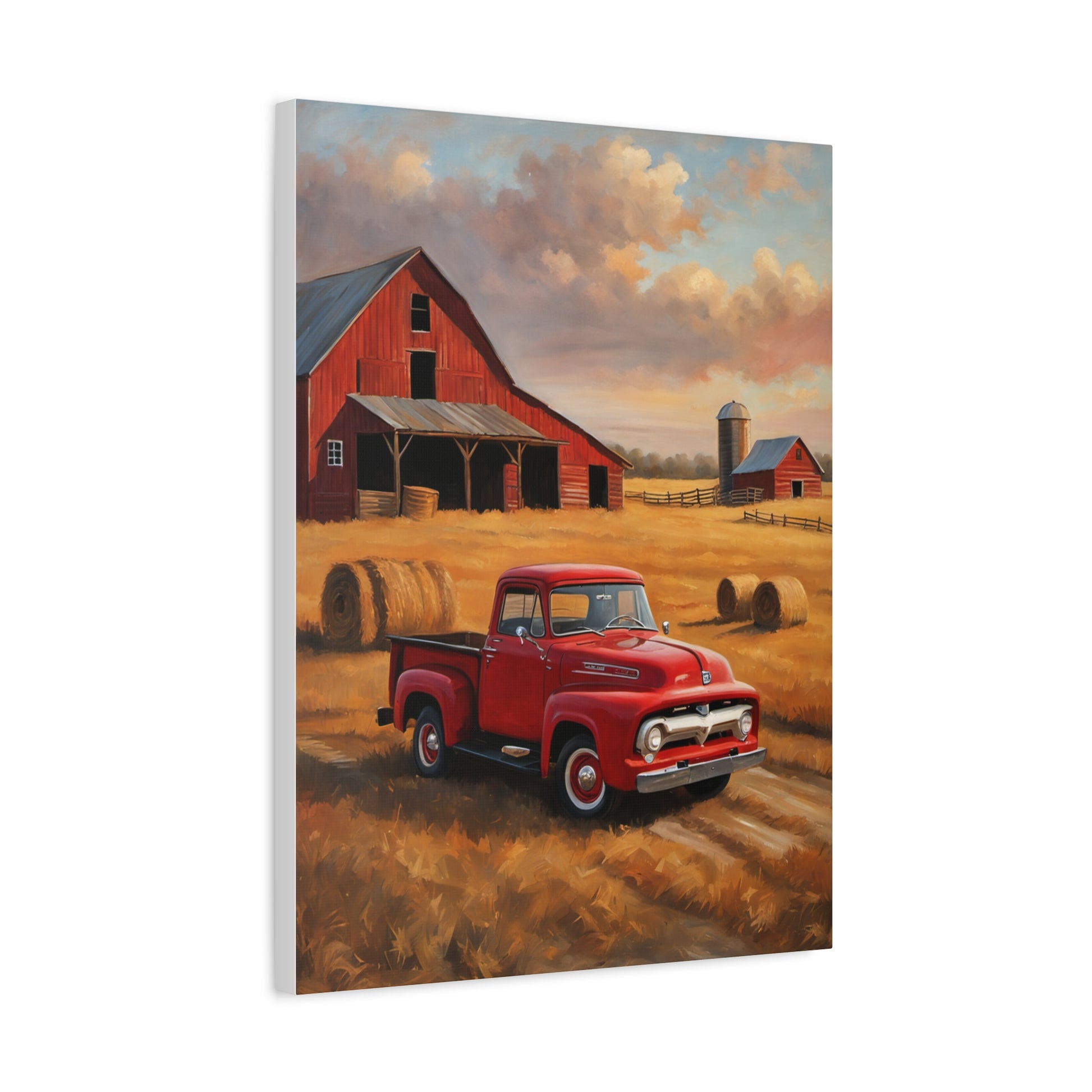 Rustic Farmhouse Canvas featuring a classic red truck near a barn and hay bales in a golden field