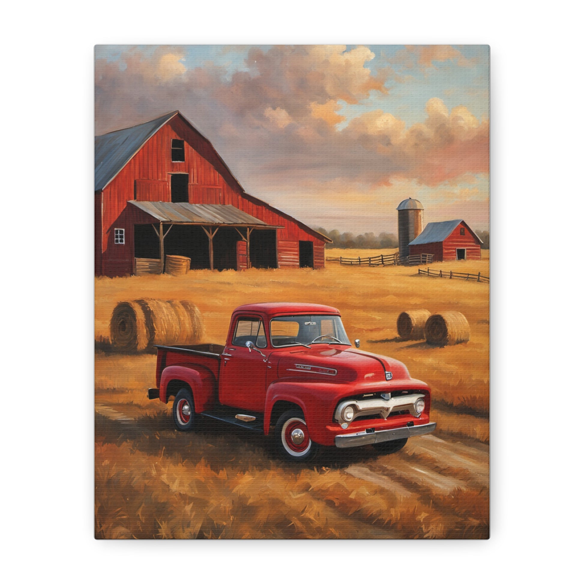 Rustic Farmhouse Canvas featuring a red truck near a barn and hay bales in a scenic landscape