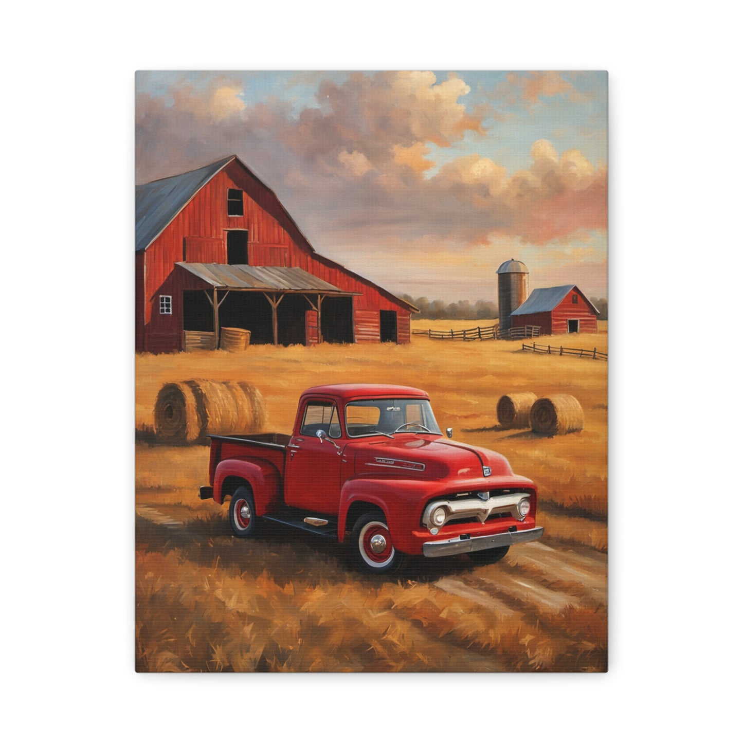 Rustic Farmhouse Canvas featuring a red vintage truck parked by a barn with hay bales under a colorful sky