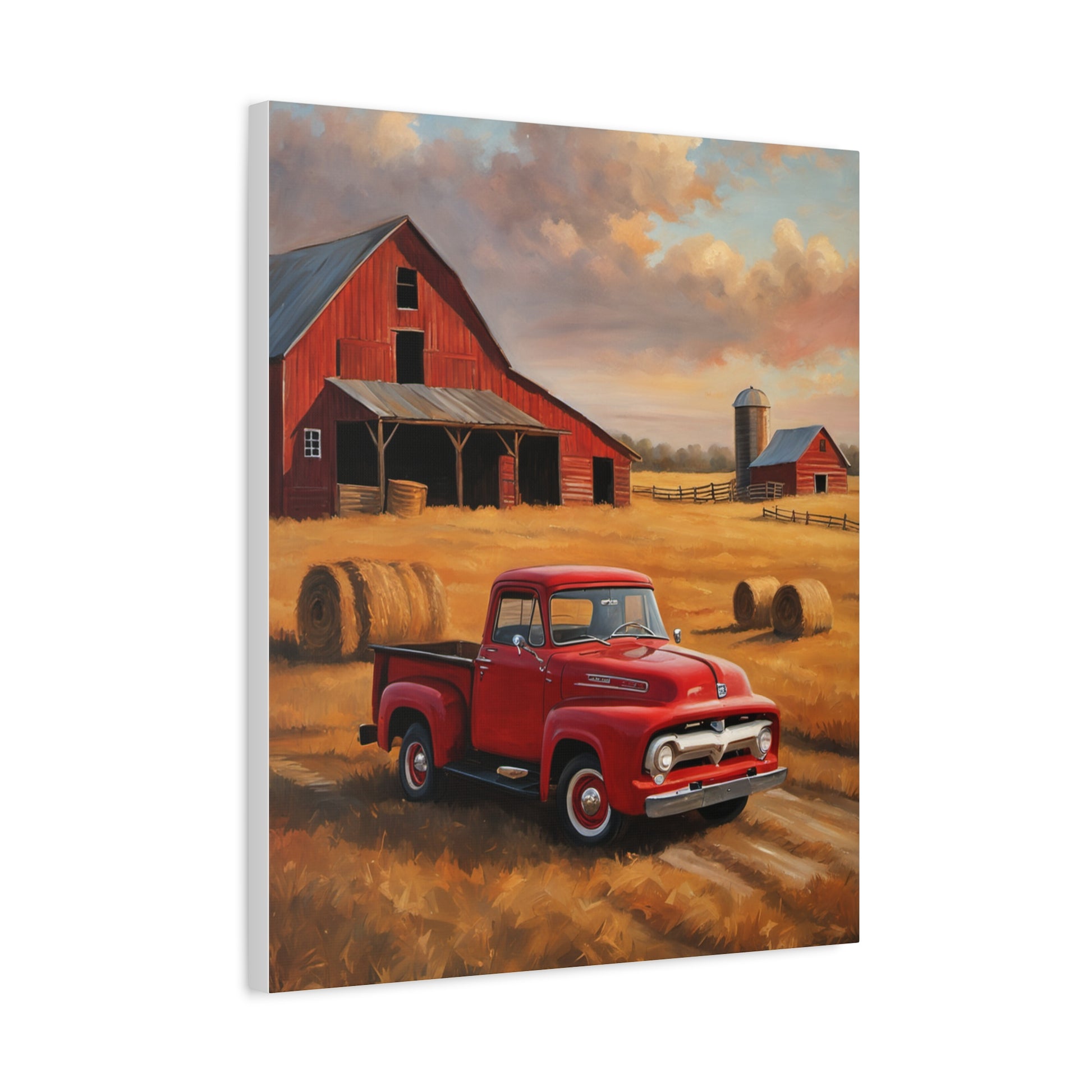 Rustic Farmhouse Canvas featuring a red vintage truck parked near a barn and hay bales