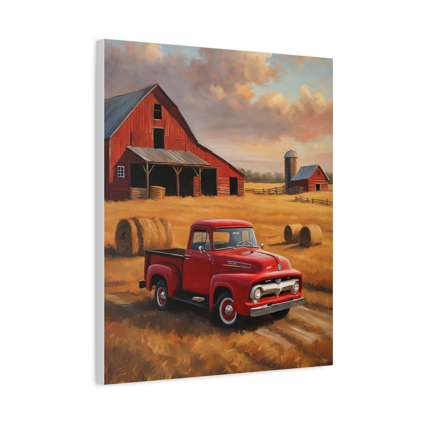Rustic Farmhouse Canvas featuring a red vintage truck parked near a barn and hay bales