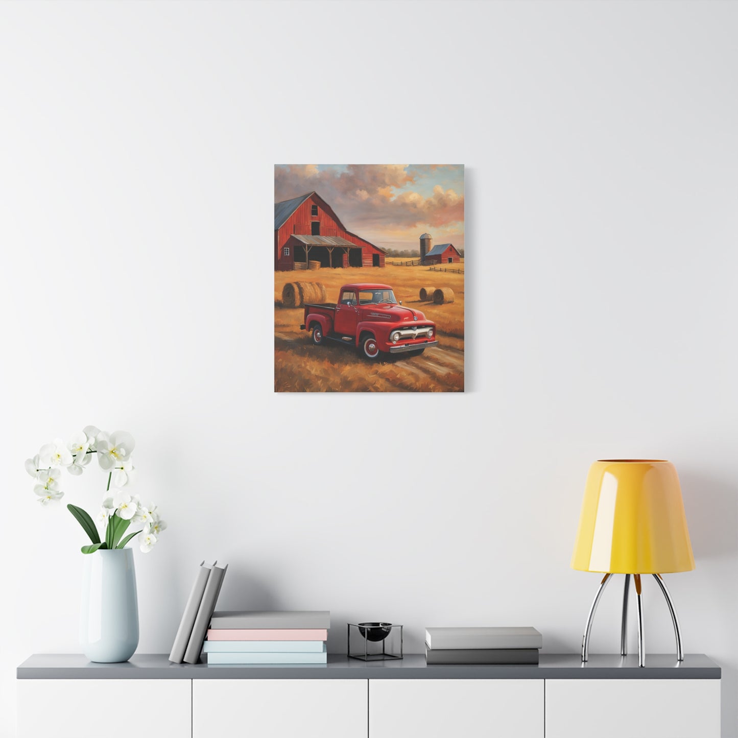Rustic Farmhouse Canvas featuring a vintage red truck and barns on a rural landscape
