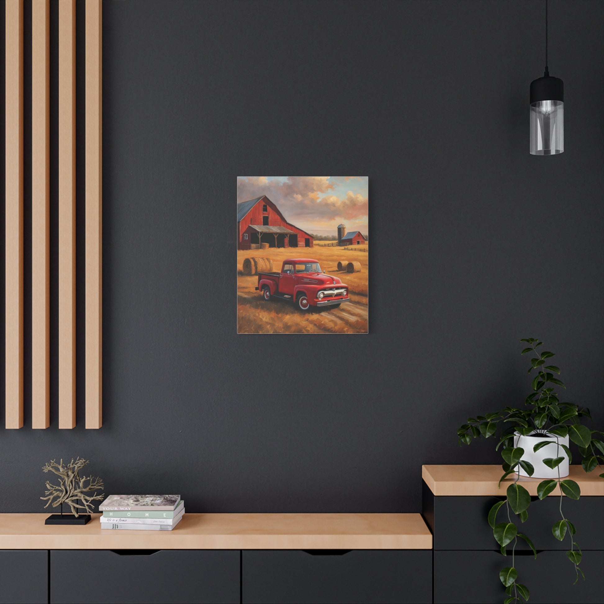 Rustic Farmhouse Canvas featuring a red truck and barn in a scenic farm landscape