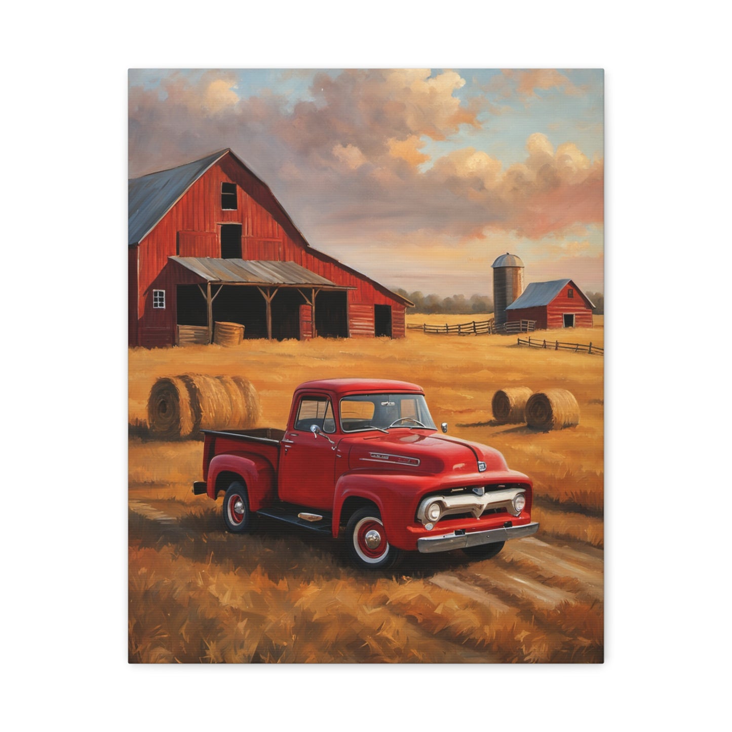 Rustic Farmhouse Canvas featuring a vintage red truck in front of a barn and hay bales