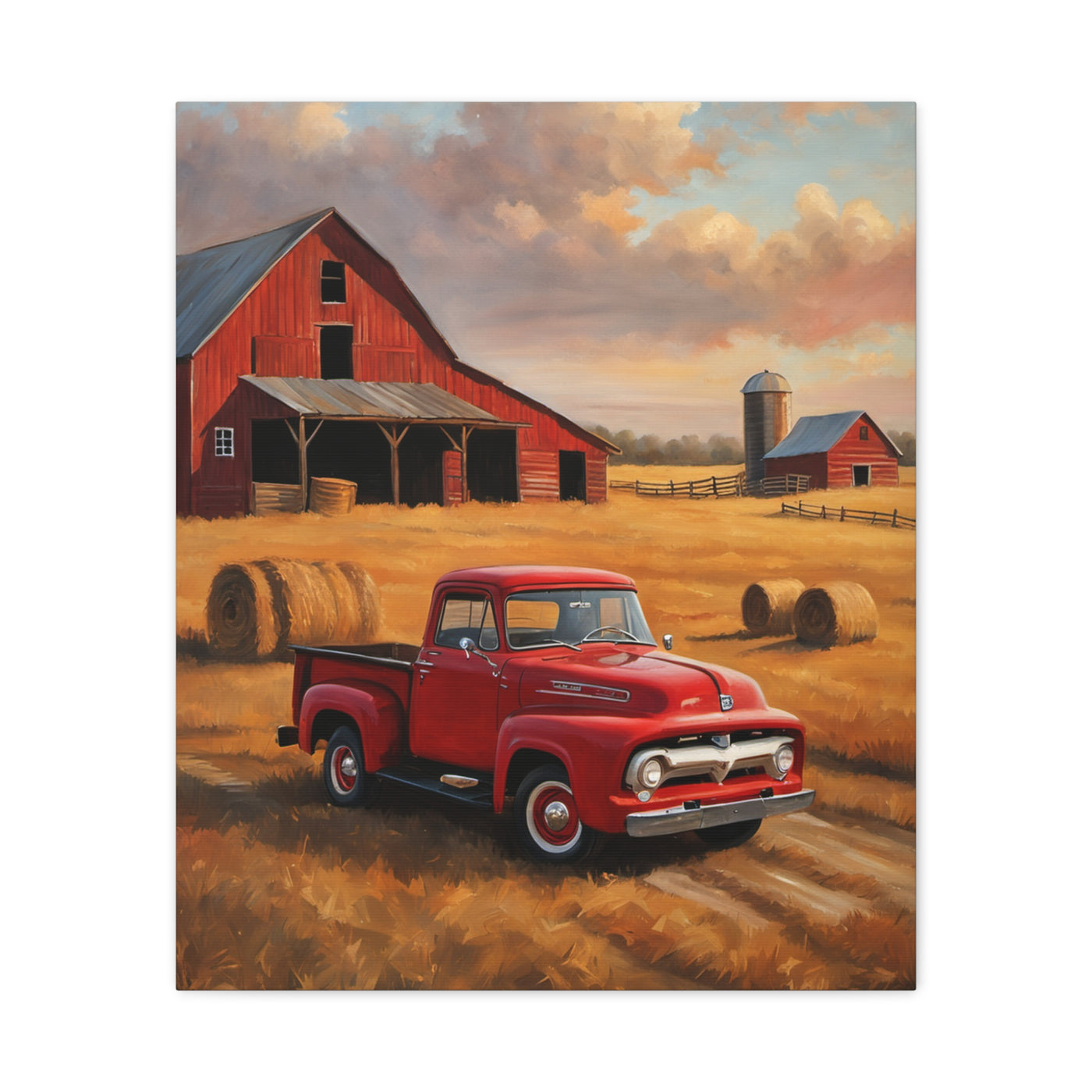 Rustic Farmhouse Canvas featuring a red vintage truck near a barn and hay bales