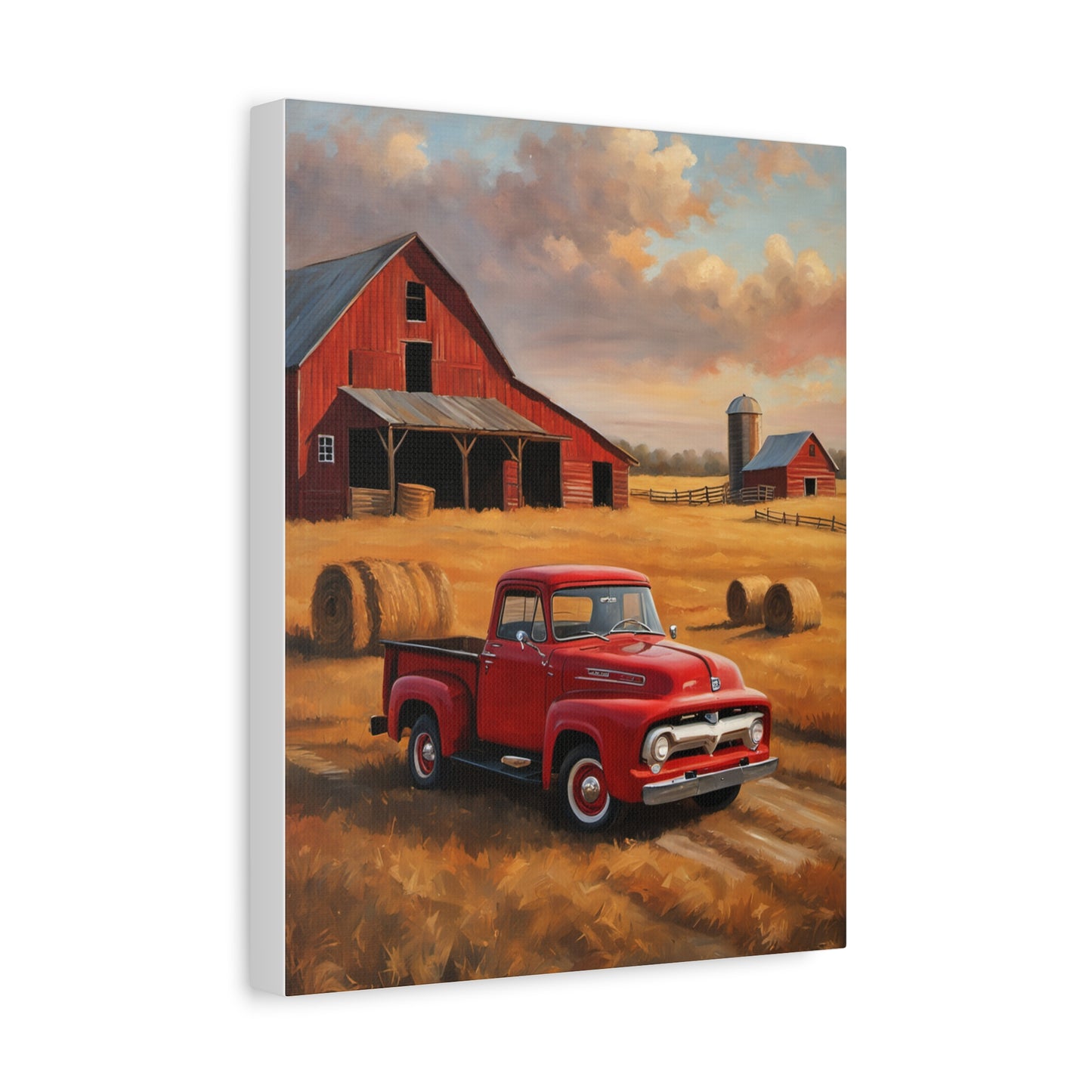 Rustic Farmhouse Canvas featuring a red vintage truck and a barn surrounded by hay bales