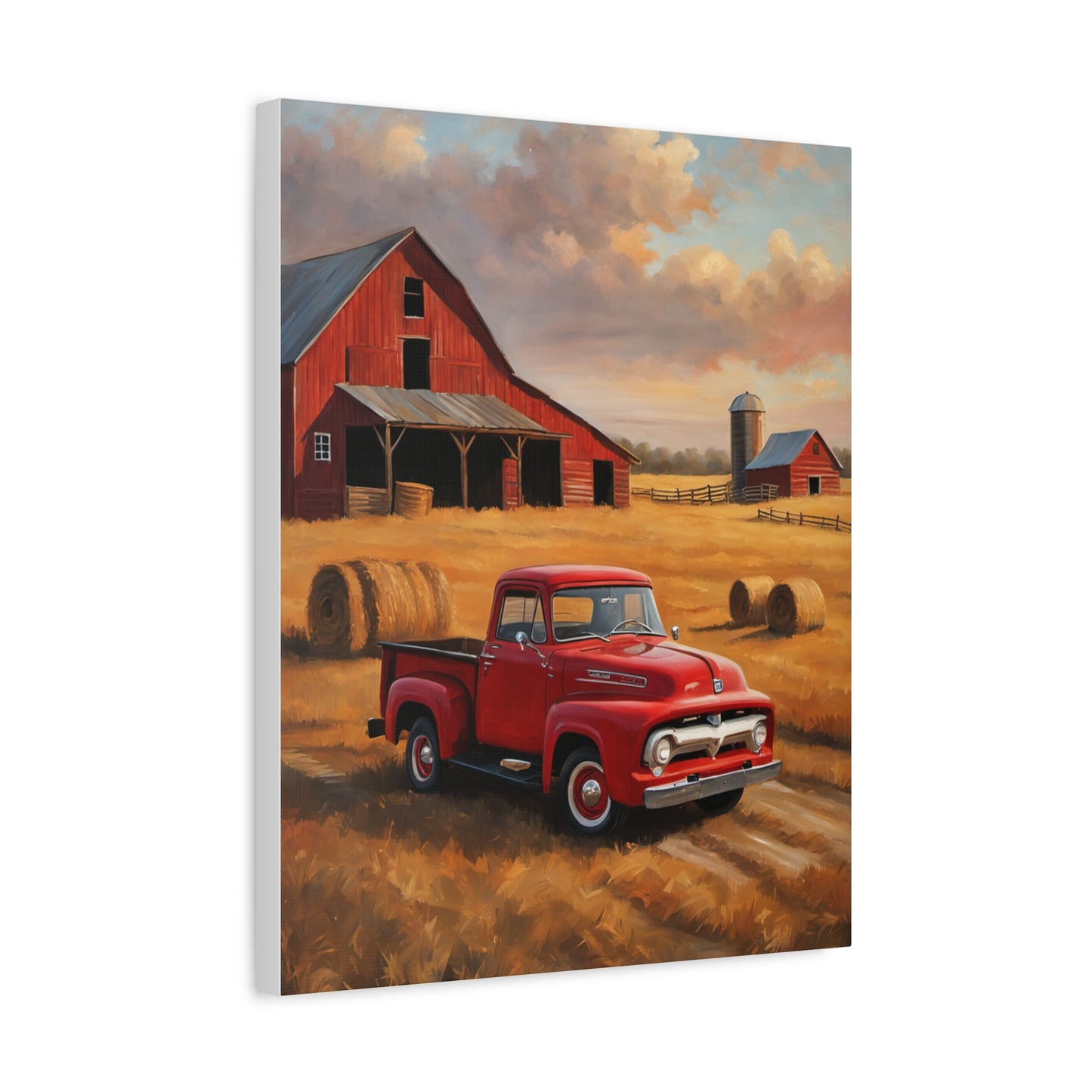 Rustic Farmhouse Canvas featuring a red vintage truck in front of a barn with hay bales