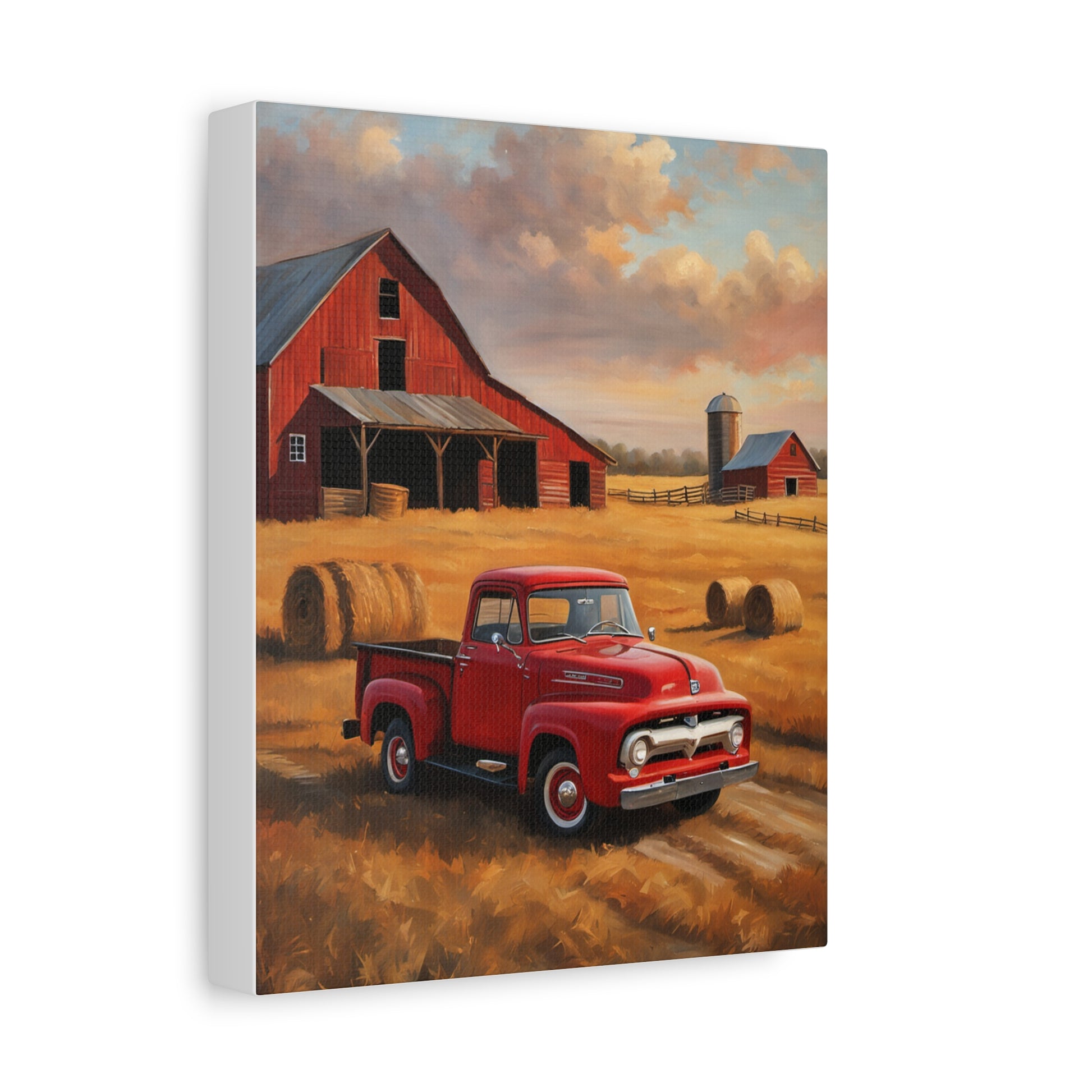 Rustic Farmhouse Canvas featuring a red vintage truck near a barn and hay bales in a rural setting