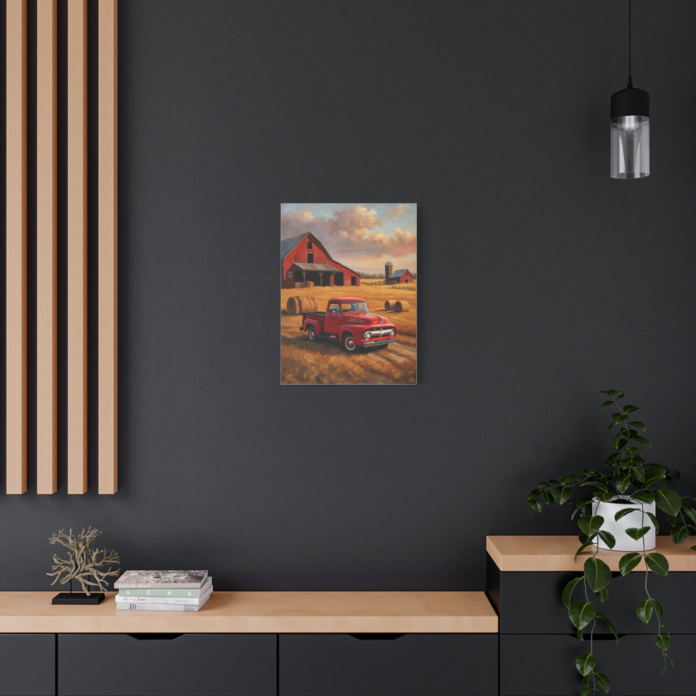 Rustic Farmhouse Canvas featuring a vintage red truck and barn in a scenic field setting