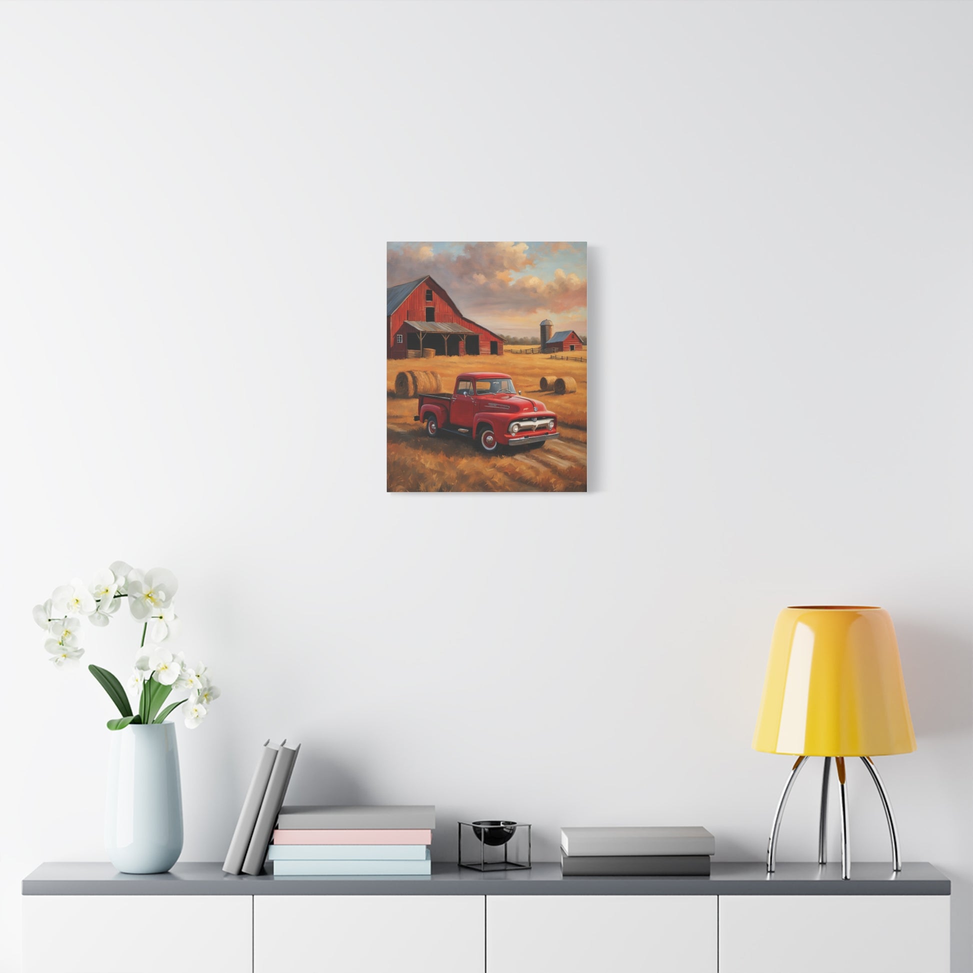Rustic Farmhouse Canvas featuring a vintage red truck and charming barn in a rural landscape