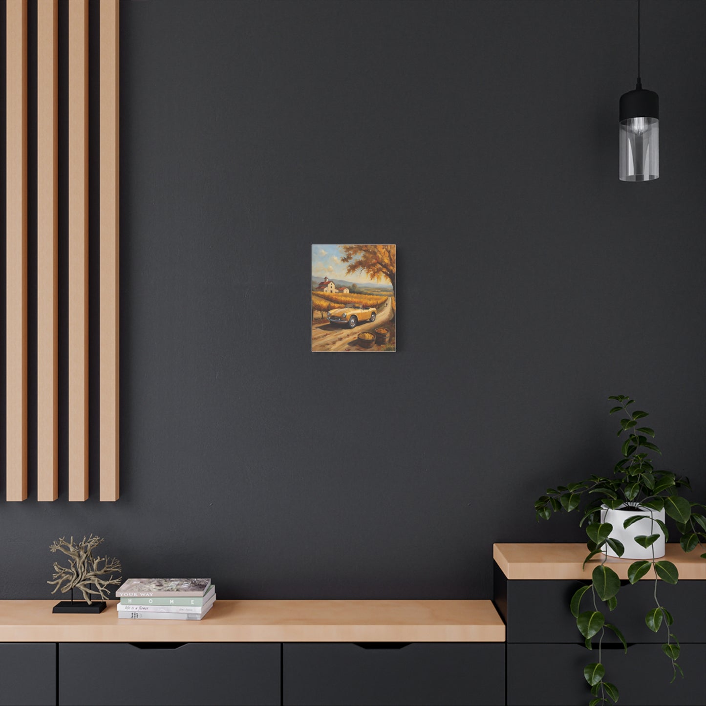 Charming Rustic Farmhouse Canvas Wall Art hanging on a dark wall above modern furniture