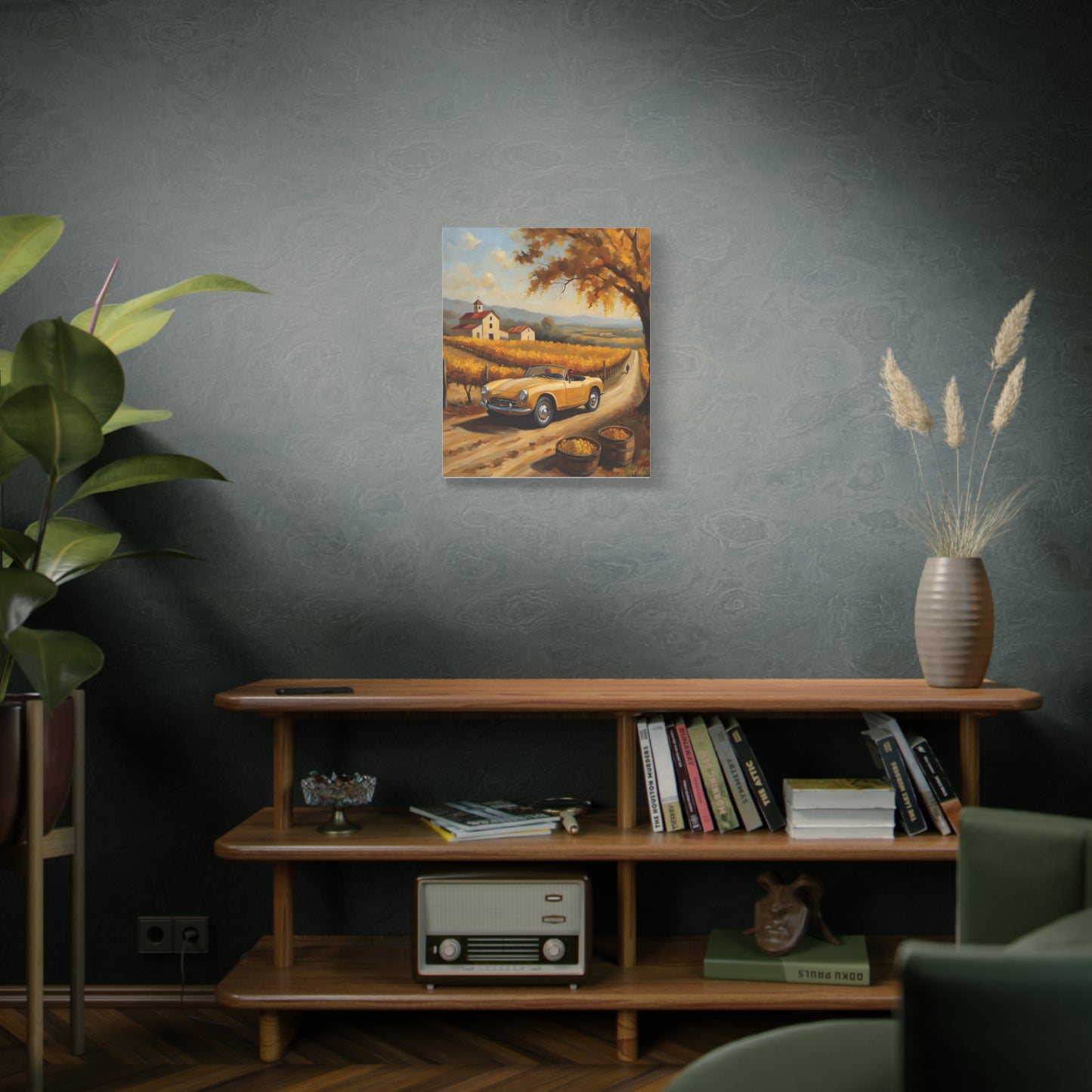 Rustic Farmhouse Canvas Wall Art featuring a vintage car and autumn scenery in a cozy living room setting