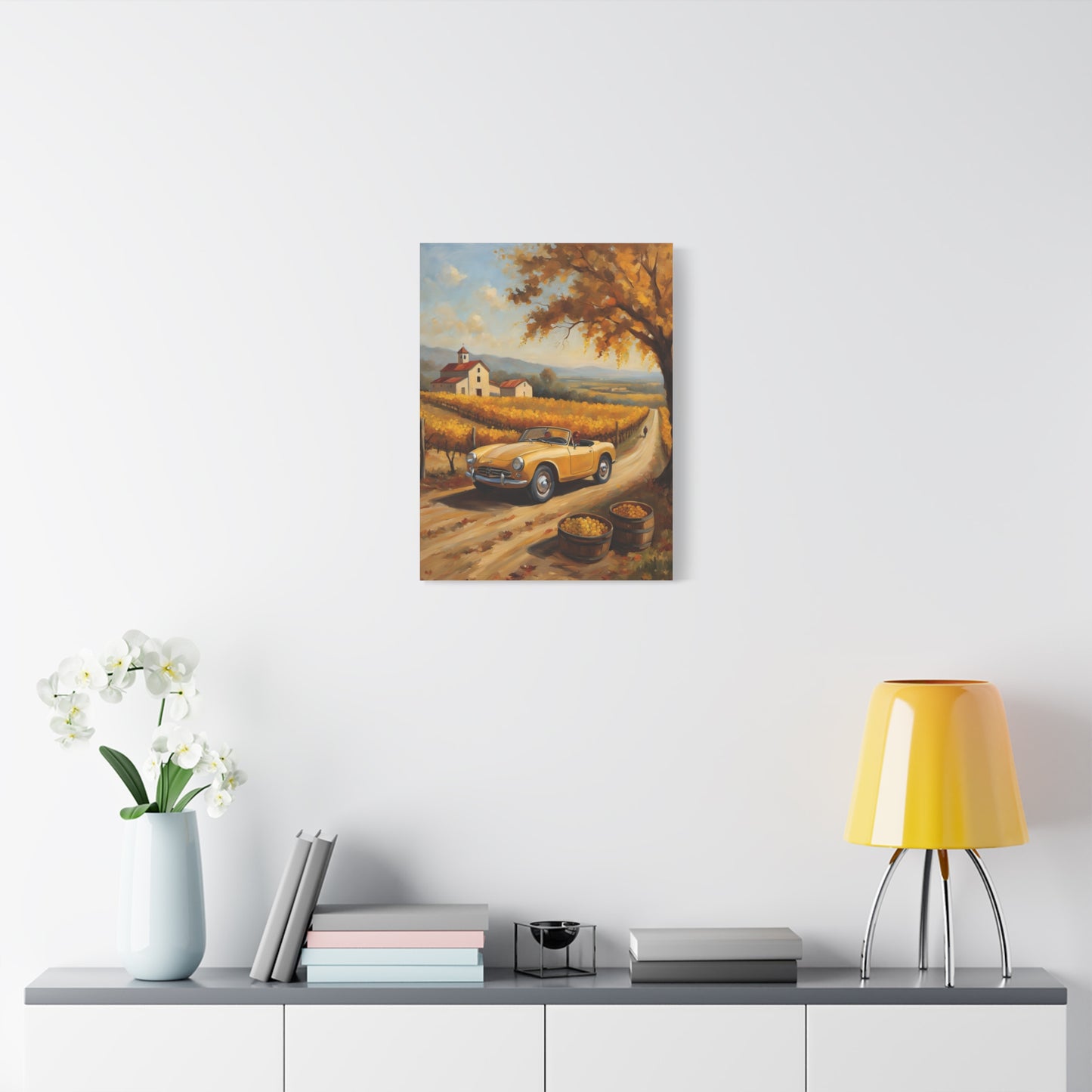 Rustic Farmhouse Canvas Wall Art featuring a vintage car on a scenic autumn road