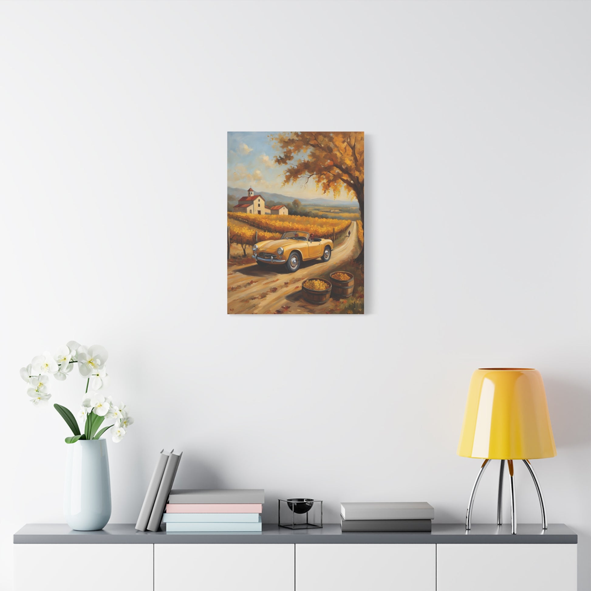 Rustic Farmhouse Canvas Wall Art featuring a vintage car on a scenic autumn road