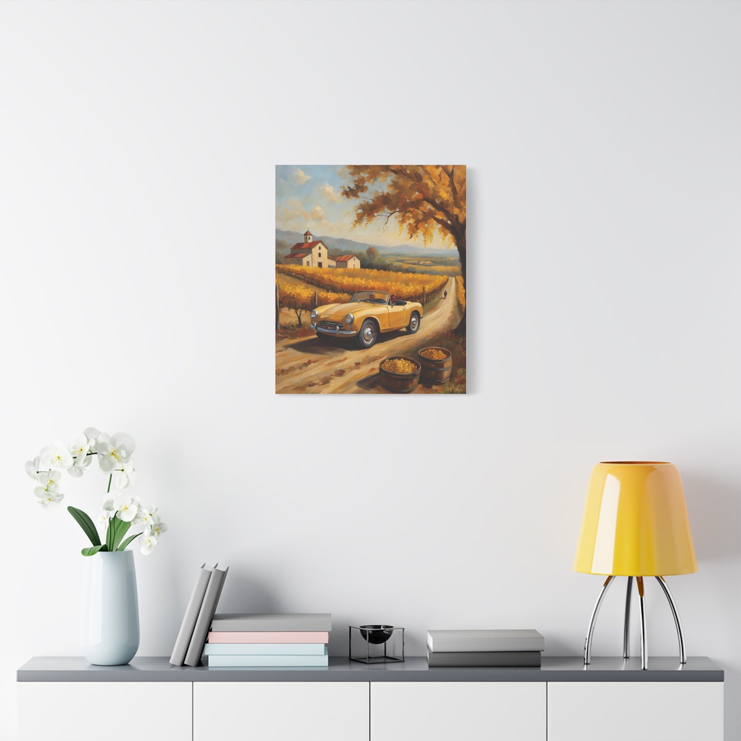 Rustic Farmhouse Canvas Wall Art featuring a vintage car parked near a scenic vineyard landscape