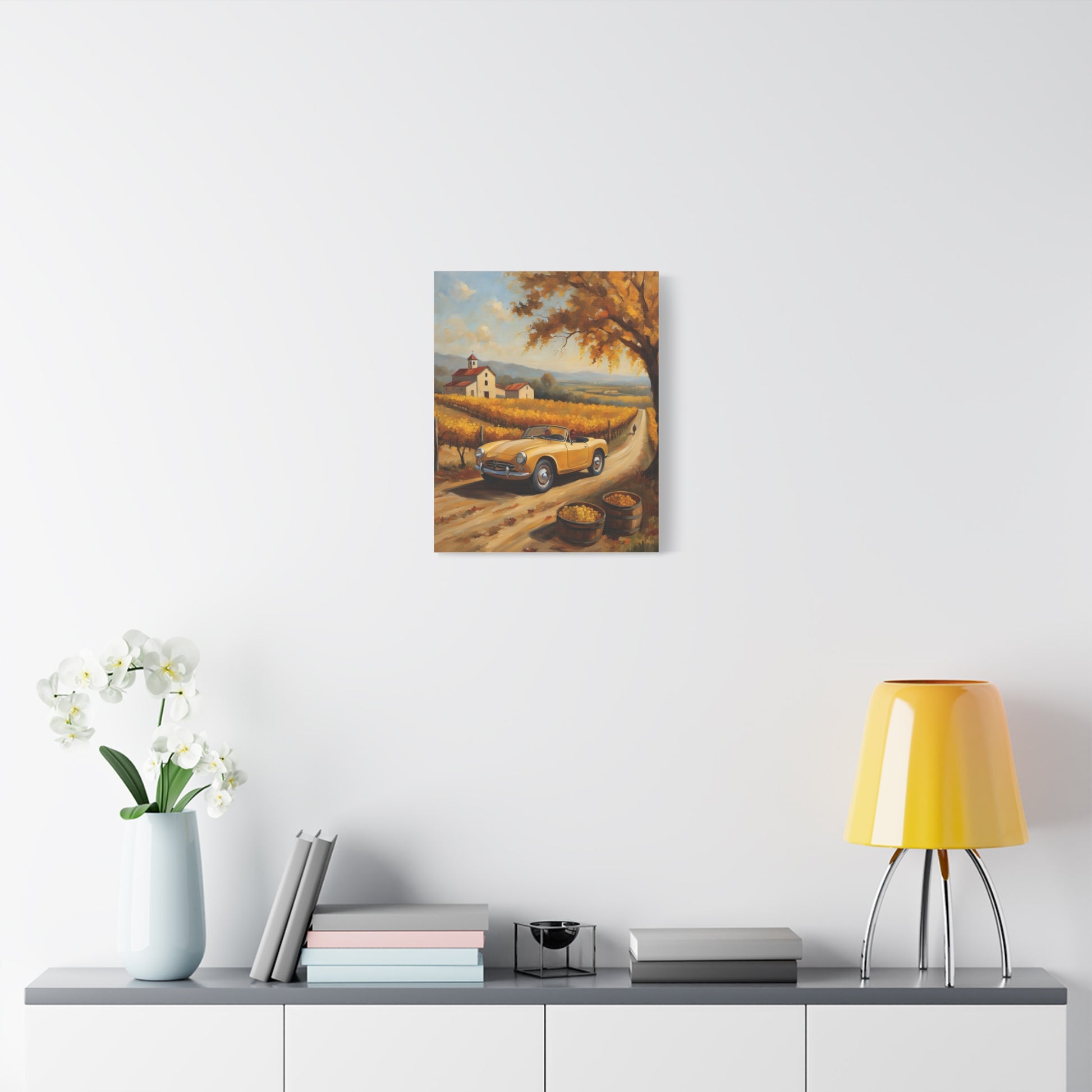 Rustic Farmhouse Canvas Wall Art featuring a classic car on a country road in autumn