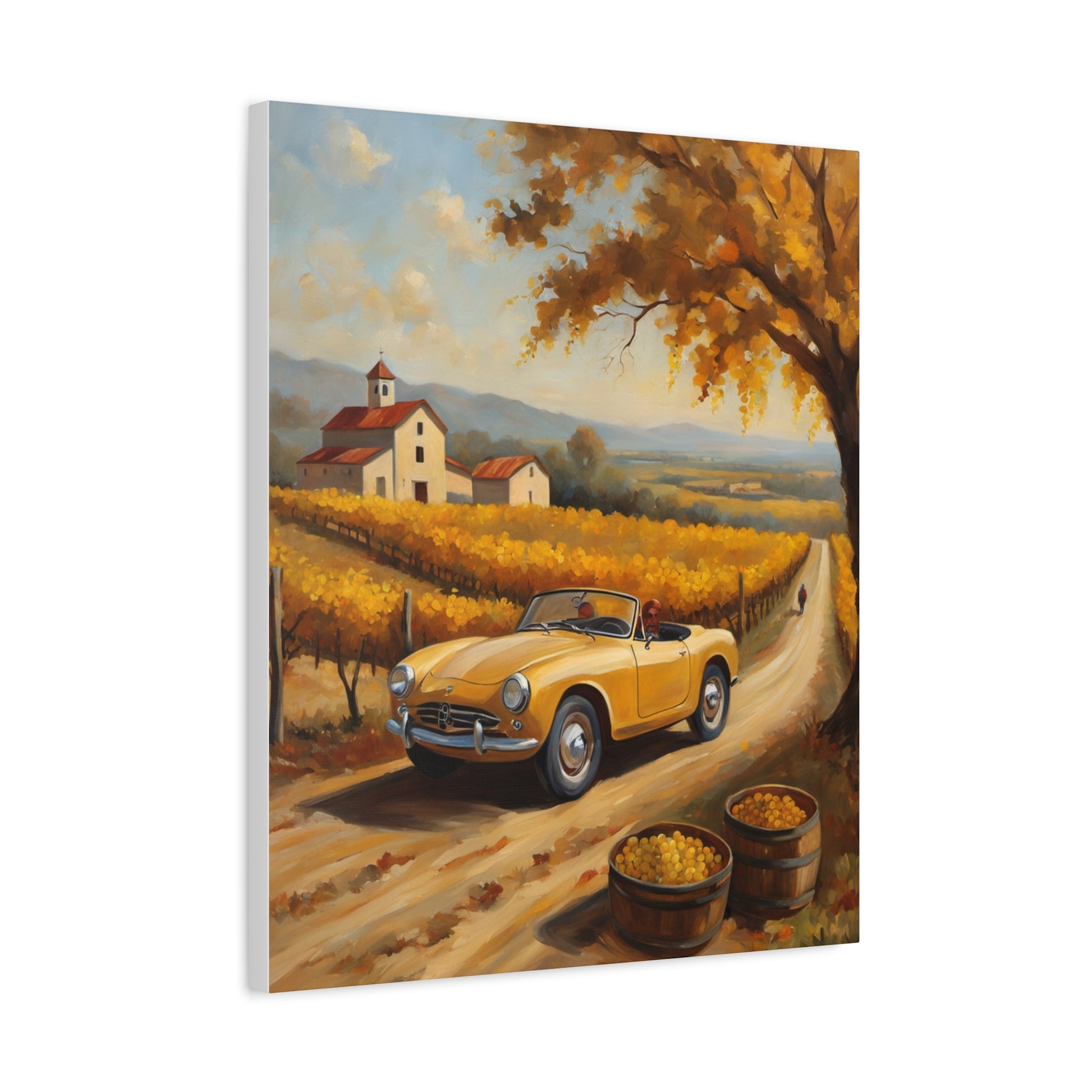 Rustic Farmhouse Canvas Wall Art featuring a vintage yellow car driving through a vineyard landscape
