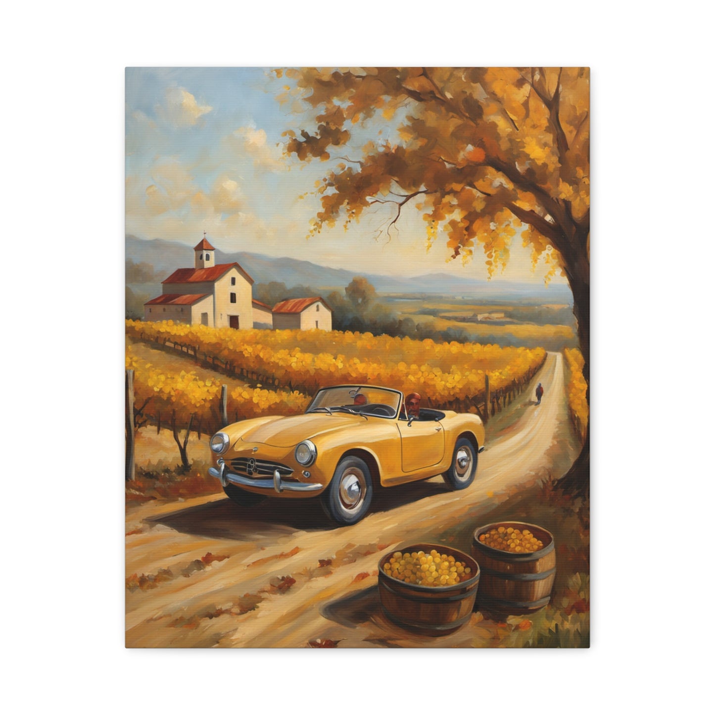 Rustic Farmhouse Canvas Wall Art featuring a vintage yellow car in a vineyard landscape