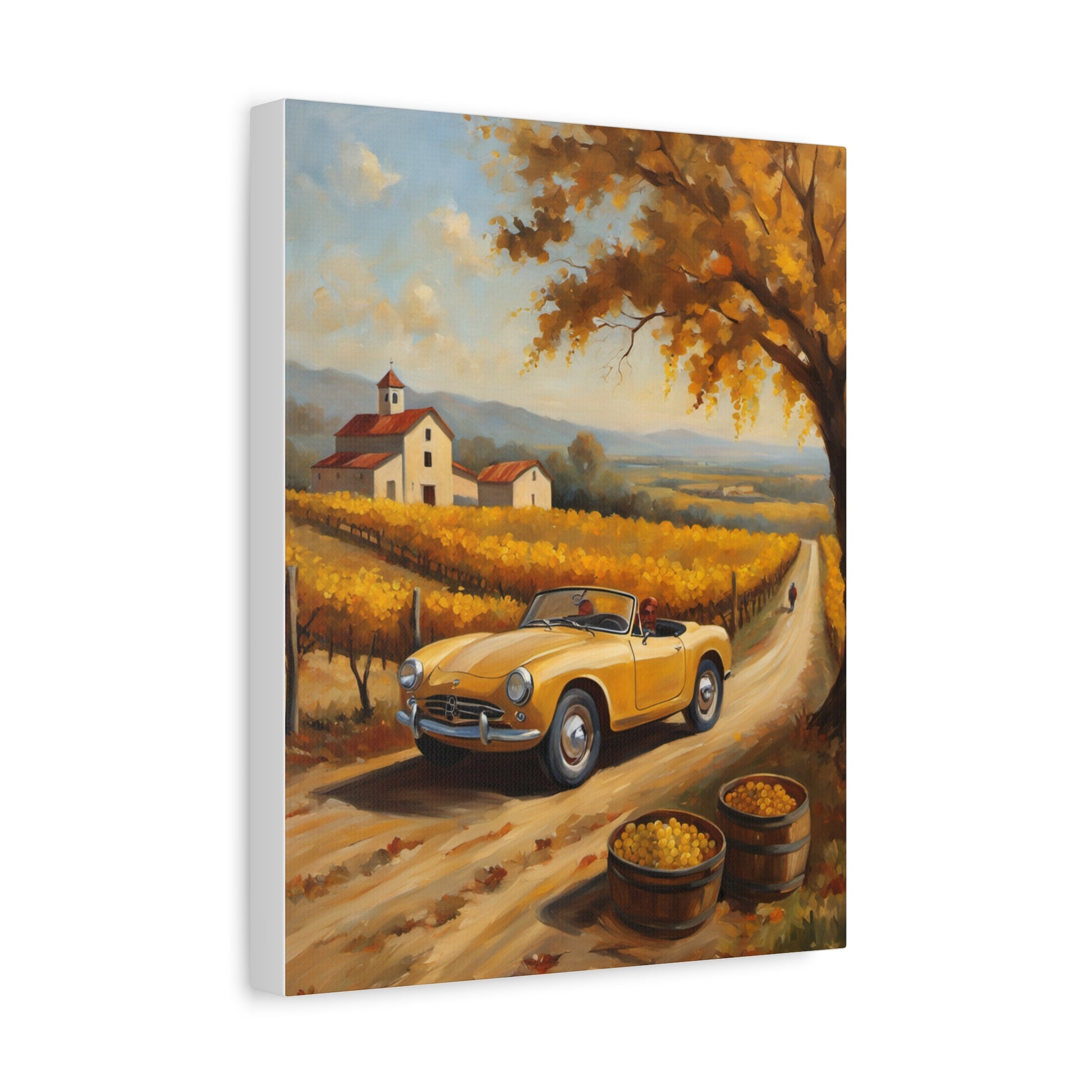 Rustic Farmhouse Canvas Wall Art featuring a yellow convertible car on a vineyard road
