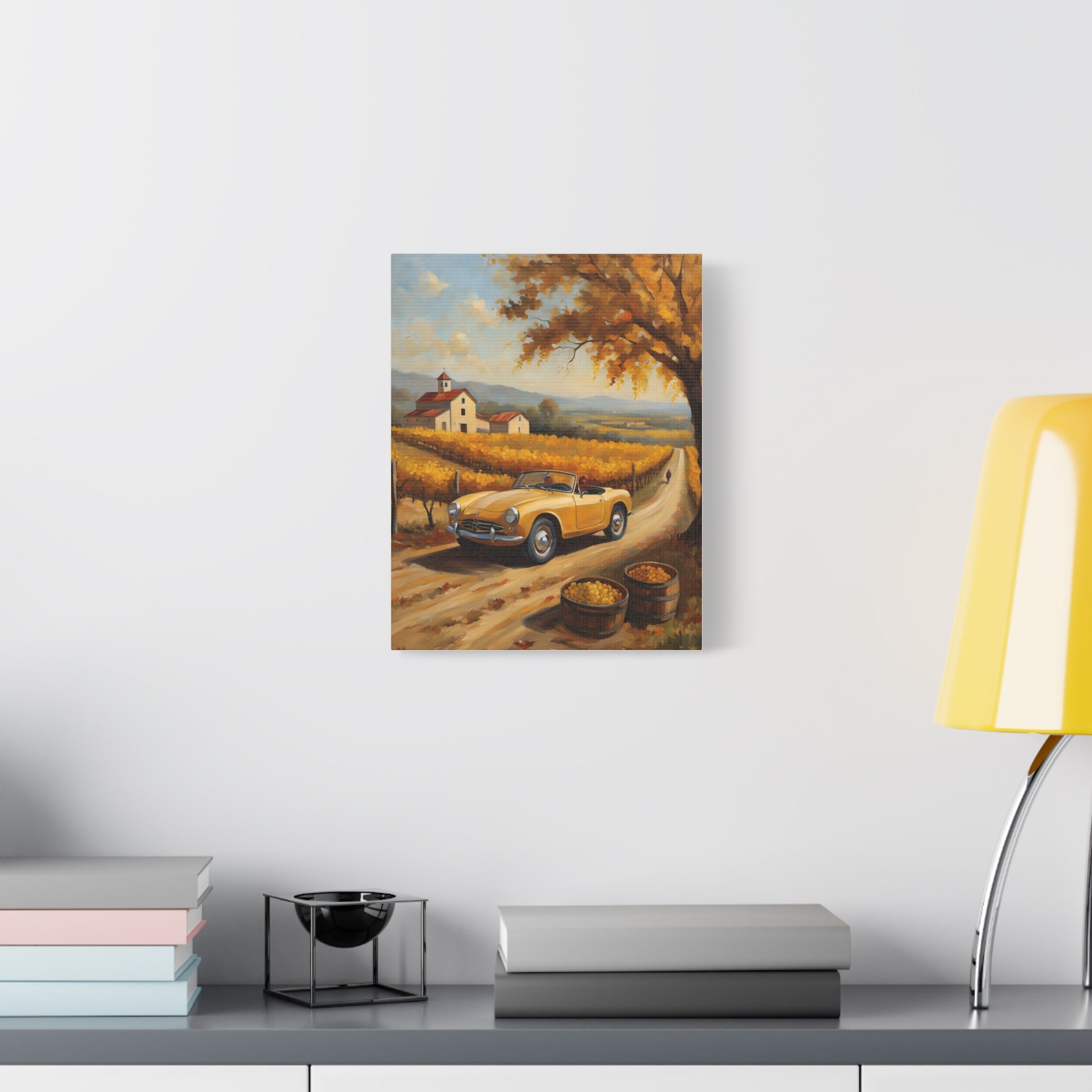 Rustic Farmhouse Canvas Wall Art featuring a yellow car on a vineyard road with autumn trees