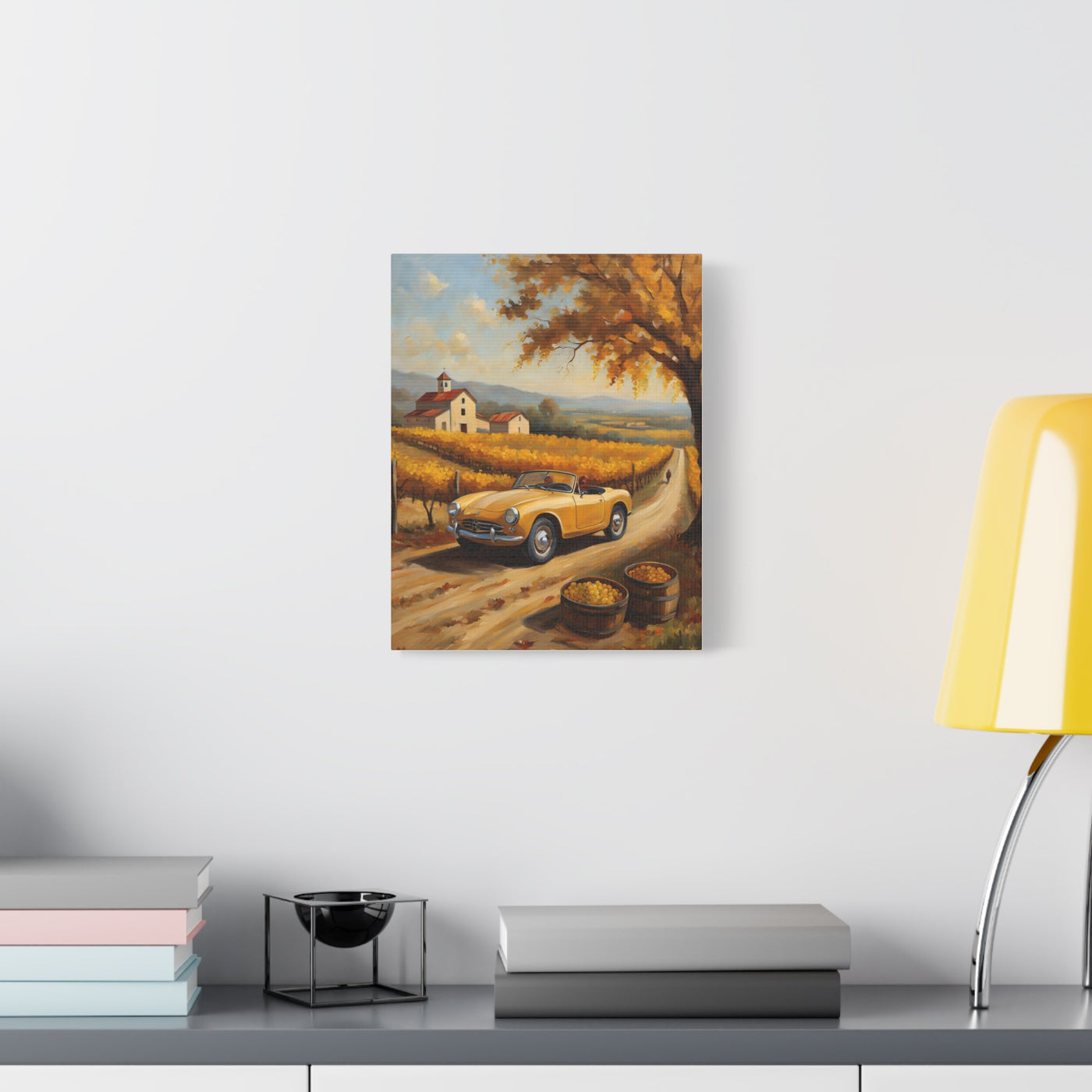 Rustic Farmhouse Canvas Wall Art featuring a yellow car on a vineyard road with autumn trees