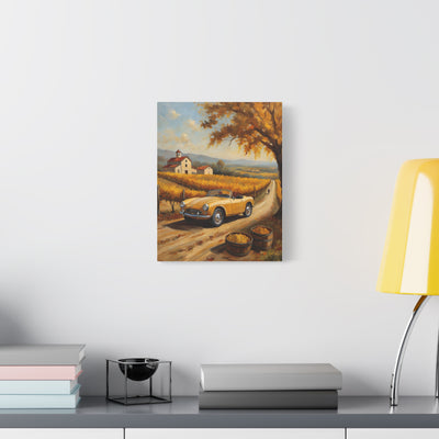 Rustic Farmhouse Canvas Wall Art featuring a yellow car on a vineyard road with autumn trees