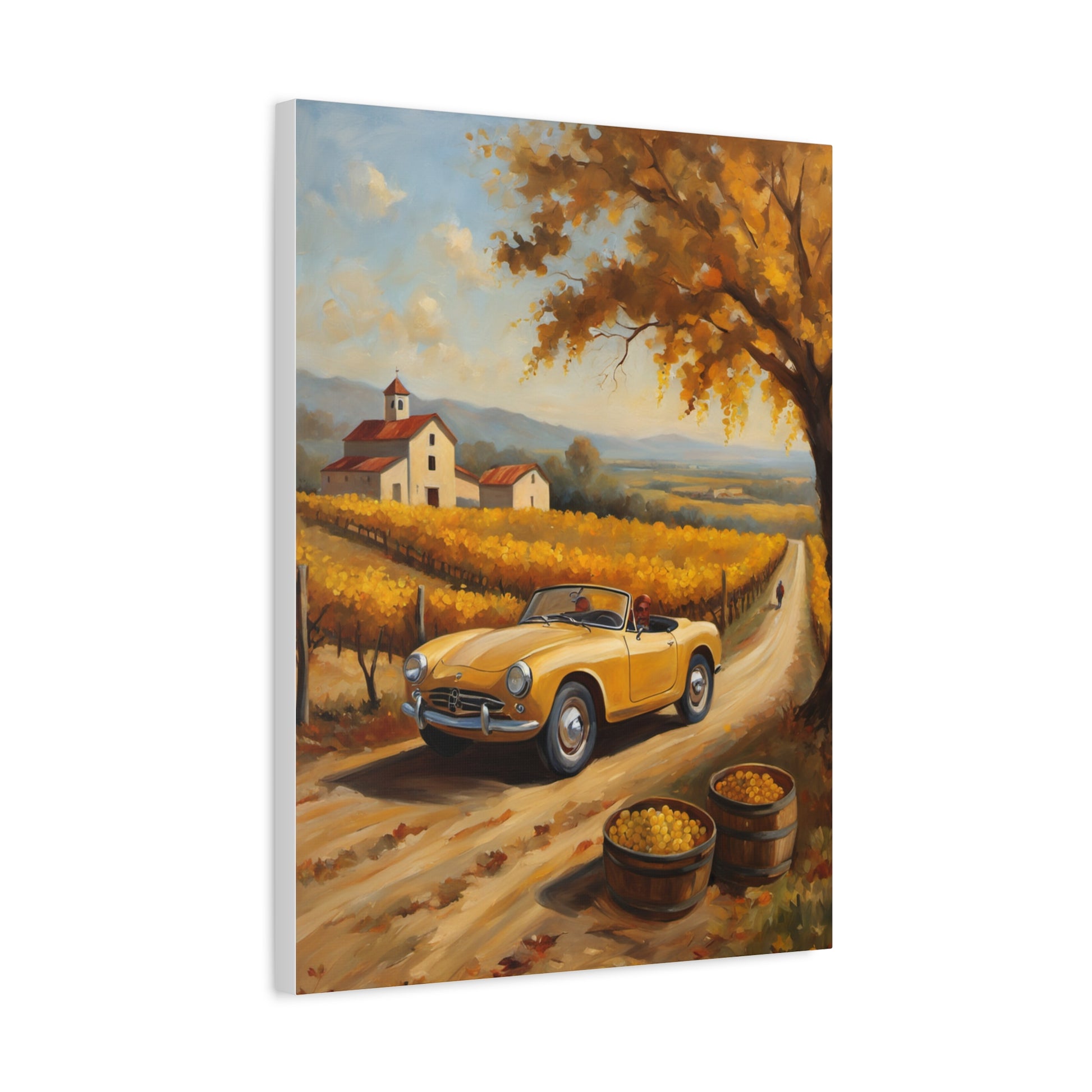 Rustic Farmhouse Canvas Wall Art featuring a vintage yellow car driving through vineyards with autumn leaves