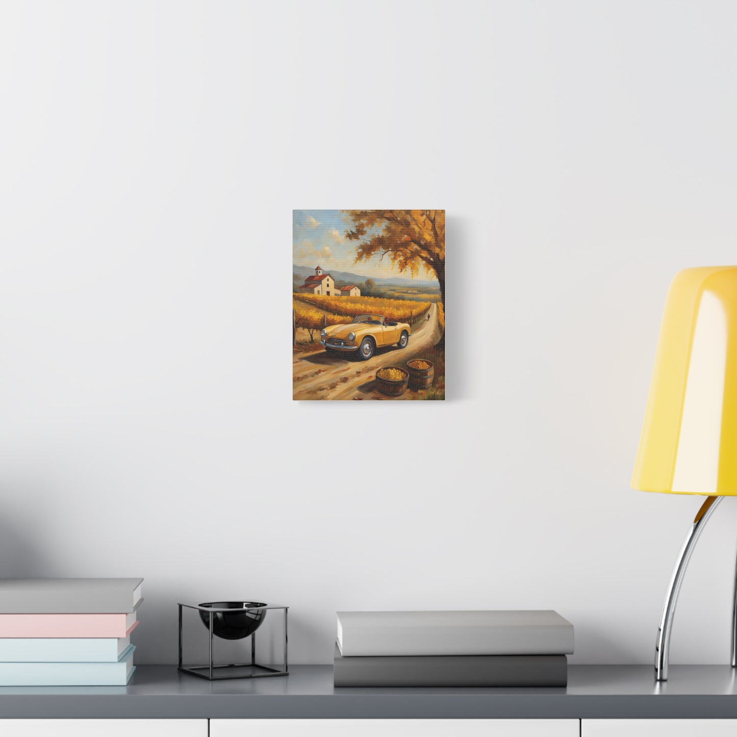 Rustic Farmhouse Canvas Wall Art featuring a scenic drive and classic car in a countryside setting