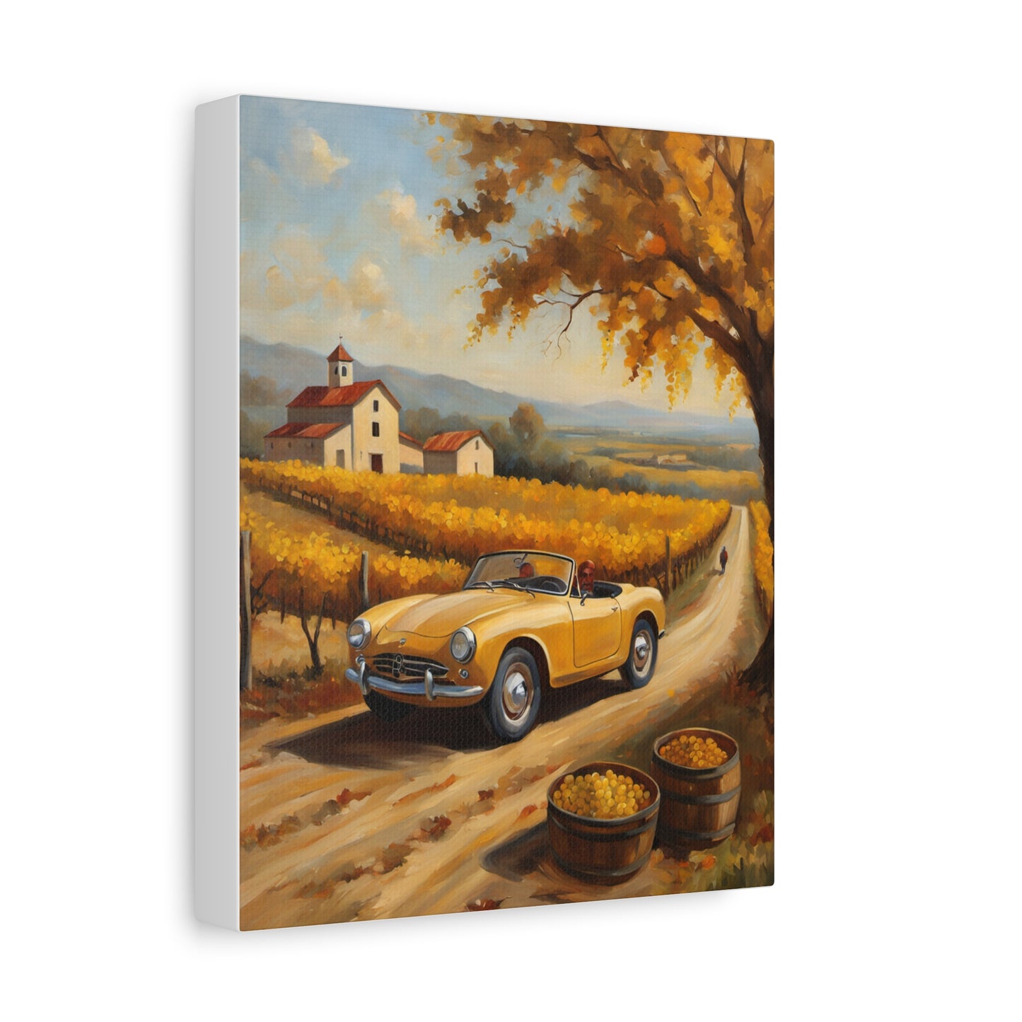 Rustic Farmhouse Canvas Wall Art featuring a yellow convertible on a vineyard road in autumn scenery