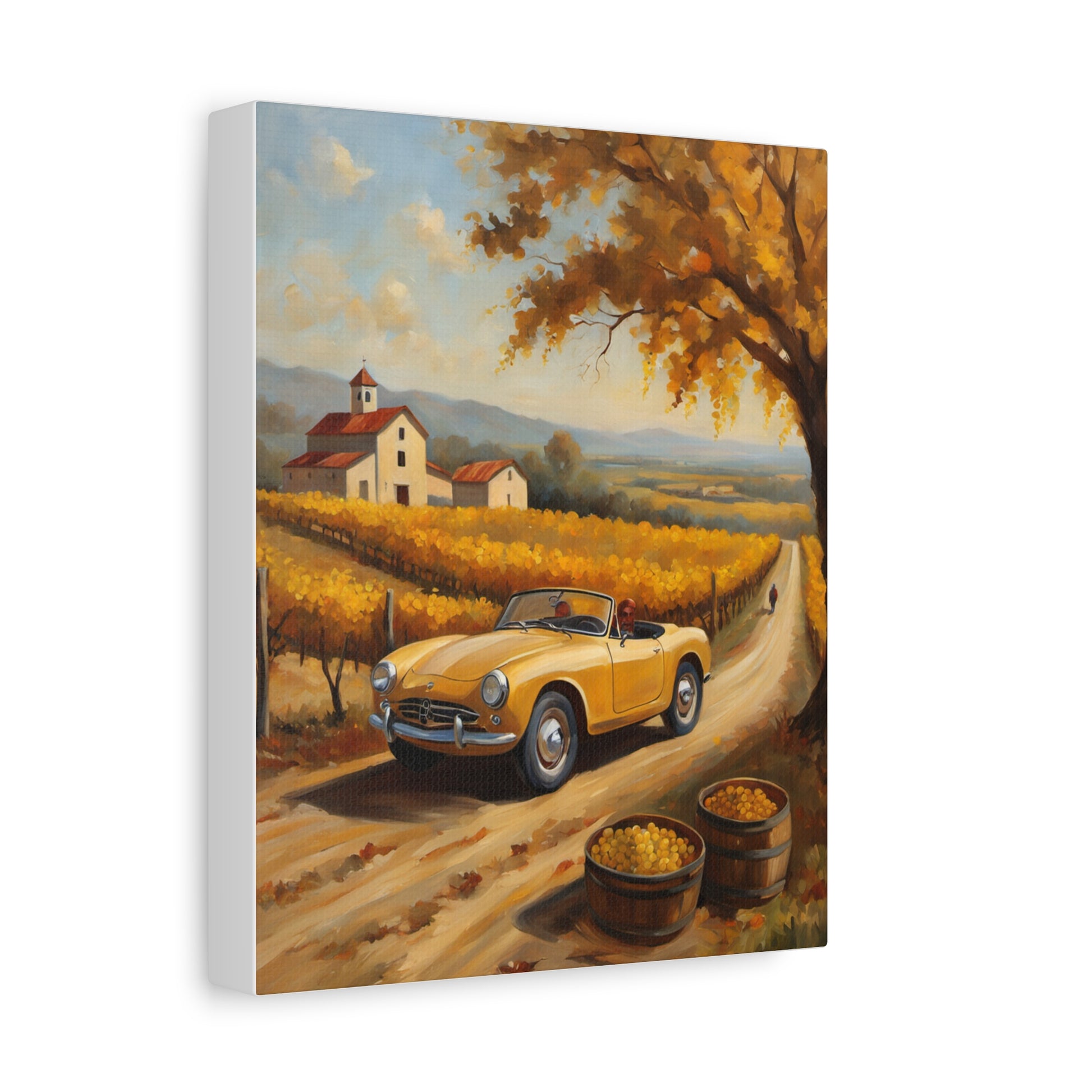 Rustic Farmhouse Canvas Wall Art featuring a yellow convertible on a vineyard road in autumn scenery